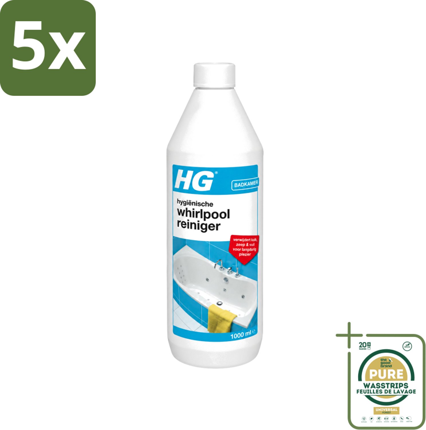 5 x HG - Badkamer - Hygiënische Whirlpoolreiniger - Verwijdert Kalk, Zeep & Vuil - 1L - Wasstrips - Whirlpool Reinigen - Kalk Verwijderen - Zeep Verwijderen - Hygiëne Whirlpool - Whirlpool Schoonmaken