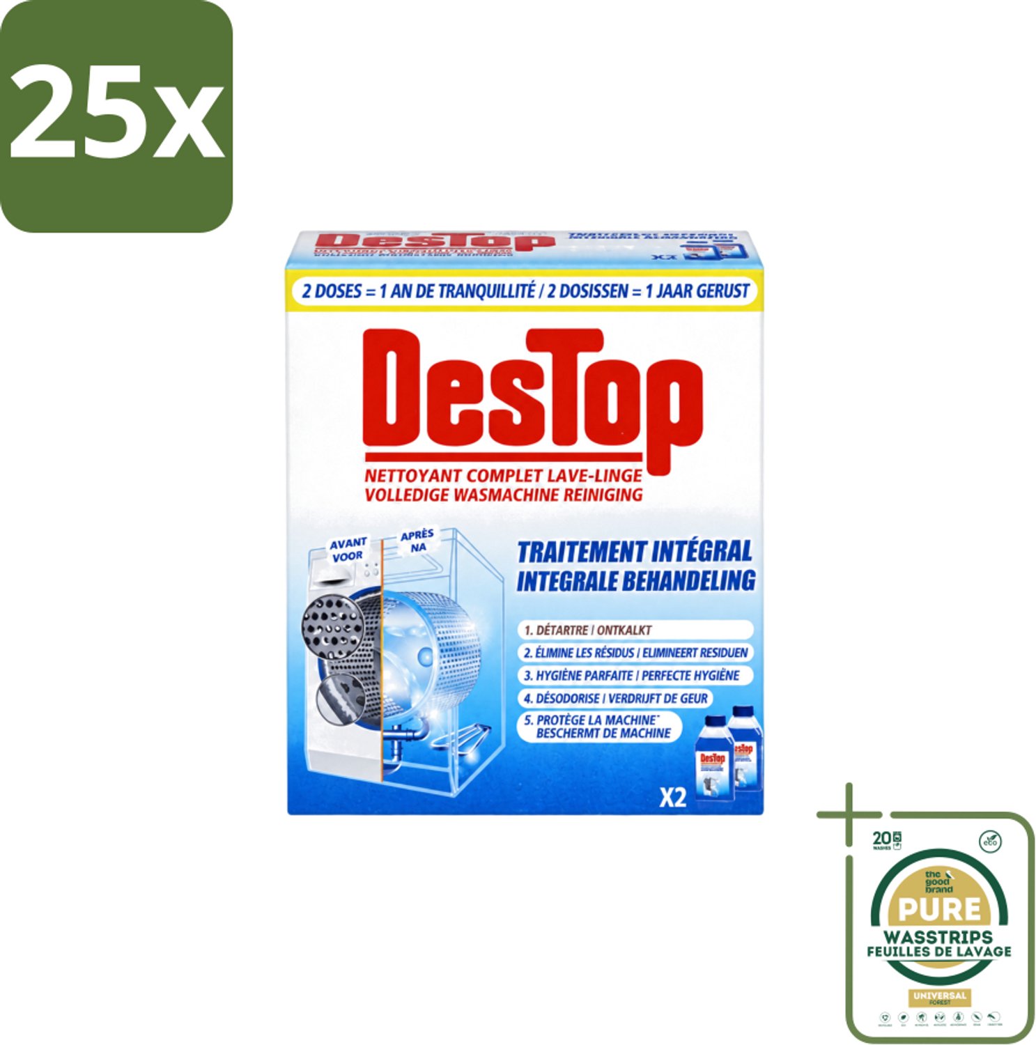25 x Destop - Wasmachine reiniger - Integrale Behandeling - Duopack - Wasstrips - Wasmachine Reiniger - Kalkverwijdering - Wasmachine Reinigen - Wasmachine Hygiëne - Wasmachine Onderhoud