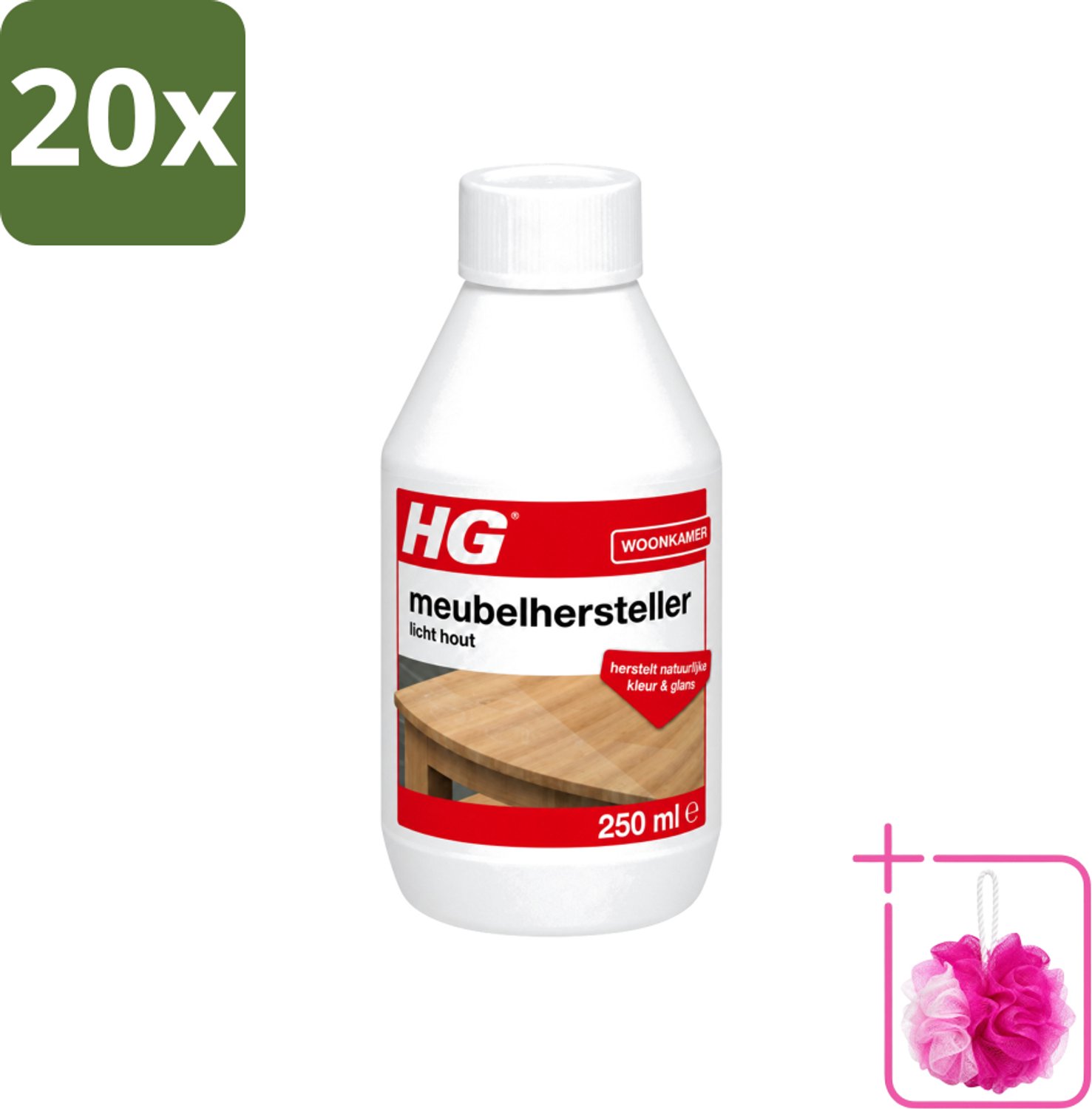 20 x HG - Meubelhersteller Licht Hout - Herstelt Natuurlijke Kleur & Glans - 250 ml - Bulkverpakking - Houtverzorging - Douchemop - Hout herstellen