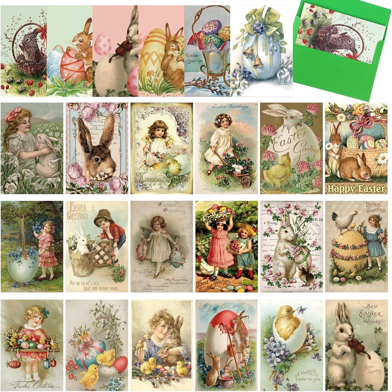 Paaskaart, bulk, Pasen, Victoriaans, retro, konijn, wenskaarten met enveloppen, diverse grappige notities, school, thuiskantoor, relatiegeschenk, benodigdheden, 10,5 x 15,5 cm, 24 stuks