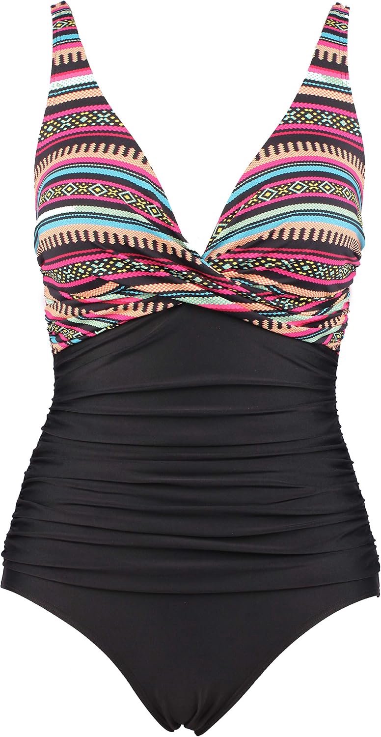 Badpak voor dames, eendelig, met V-hals en hoge taille, buikcontrole, push-up, zwempak, badmode