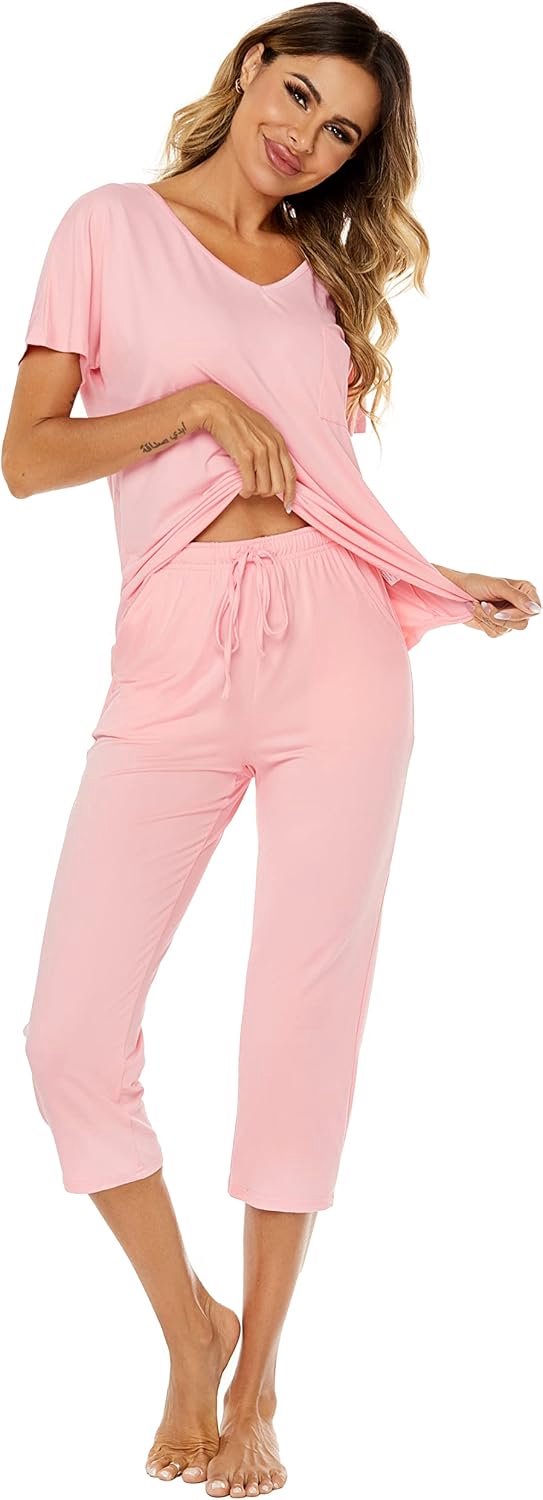 Zomer, huispak, katoen, korte nachtkleding, set met korte mouwen, top en 3/4 broek, pyjama, tweedelig vrijetijdspak met zak, roze, XXL