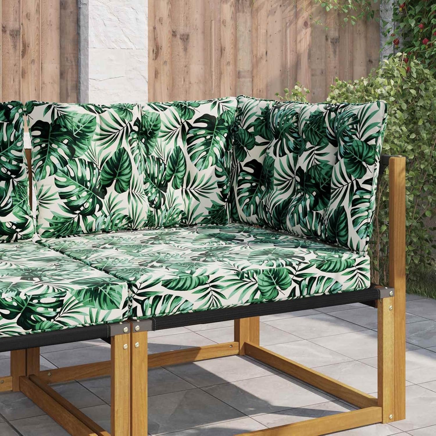 Bankkussen voor buiten, 3 stuks, bladpatroon, polyester, 80 x 43 x 10 cm + 68,5 x 68,5 x 8 cm, weerbestendig, voor tuin, terras, balkon
