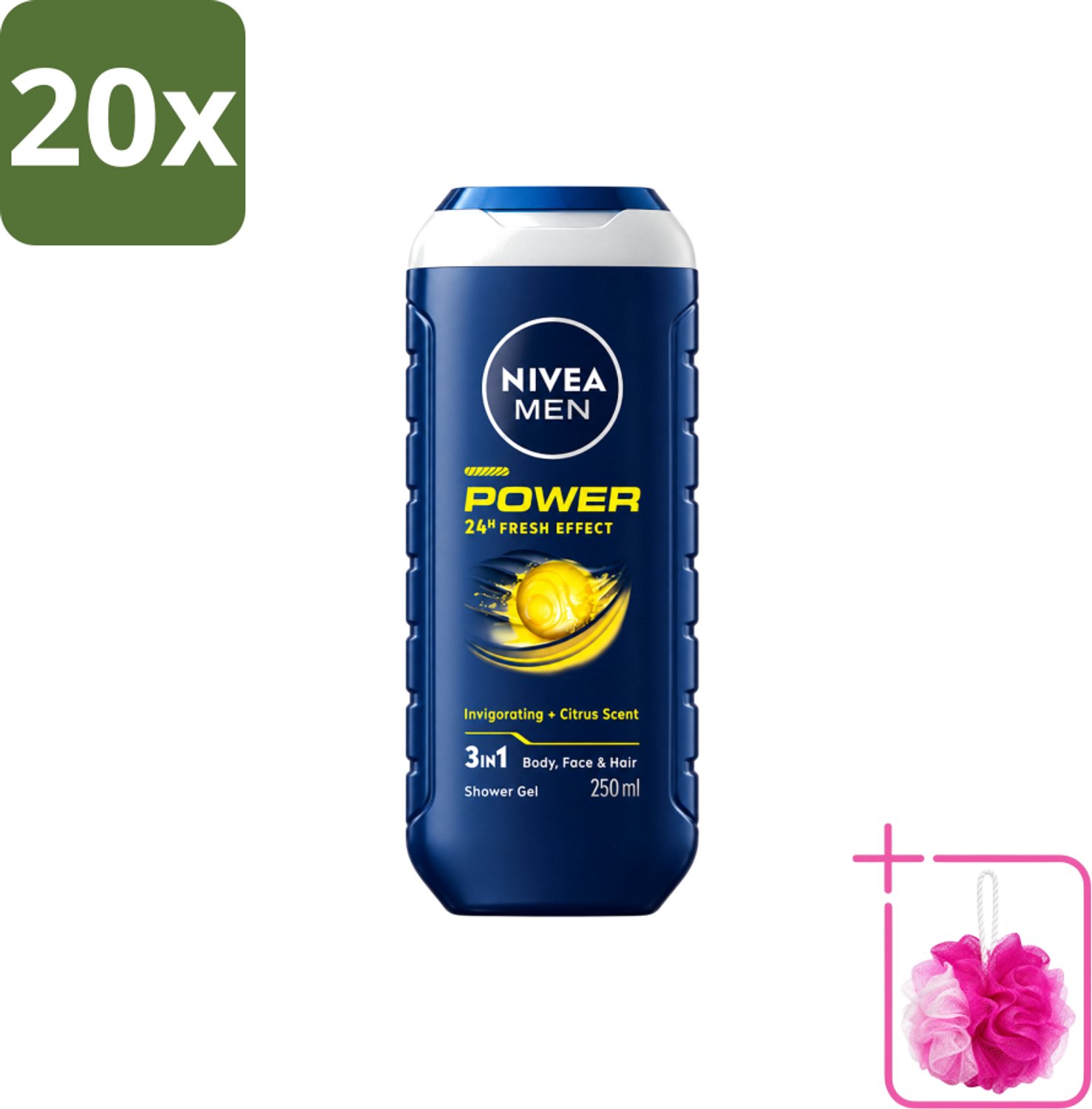 20 x Nivea - Men - Douchegel - Power Refresh - 250 ml - Bulkverpakking - Douchegel voor mannen - Douchemop - 3-in-1 douchegel