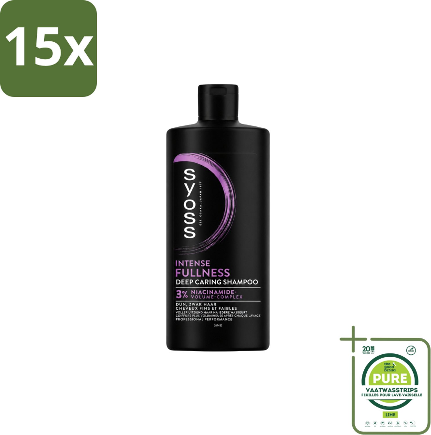 15 x Syoss – Shampoo – Intense Fullness – 440 ml - Grootverpakking - Vaatwasstrips - Volume Shampoo - Volumeshampoo - Haarversterking - Niacinamide Shampoo - Haarbody