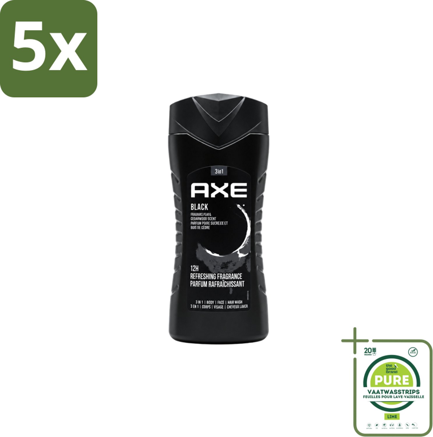 5 x Axe – Douchegel – Black – Houtachtig & Fris - 250 ml - Grootverpakking - Vaatwasstrips - Douchegel - Frisheid - Mannelijke Geur - Cederhout - Peer