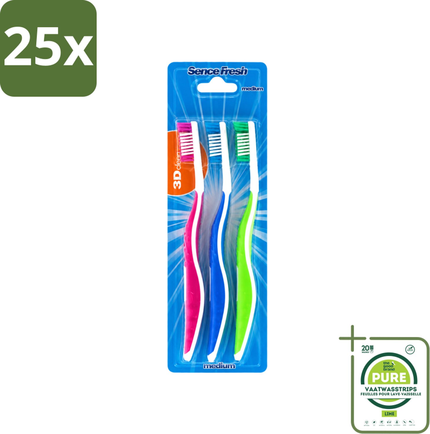 25 x Sence - Fresh 3D-Extra Clean - Tandenborstels - Medium - 3 Tandenborstels - Grootverpakking - Vaatwasstrips - Tandenborstel - Tandenborstels - Tandenborstel 3d - Tandenborstel Extra Clean - Tandenborstel Medium