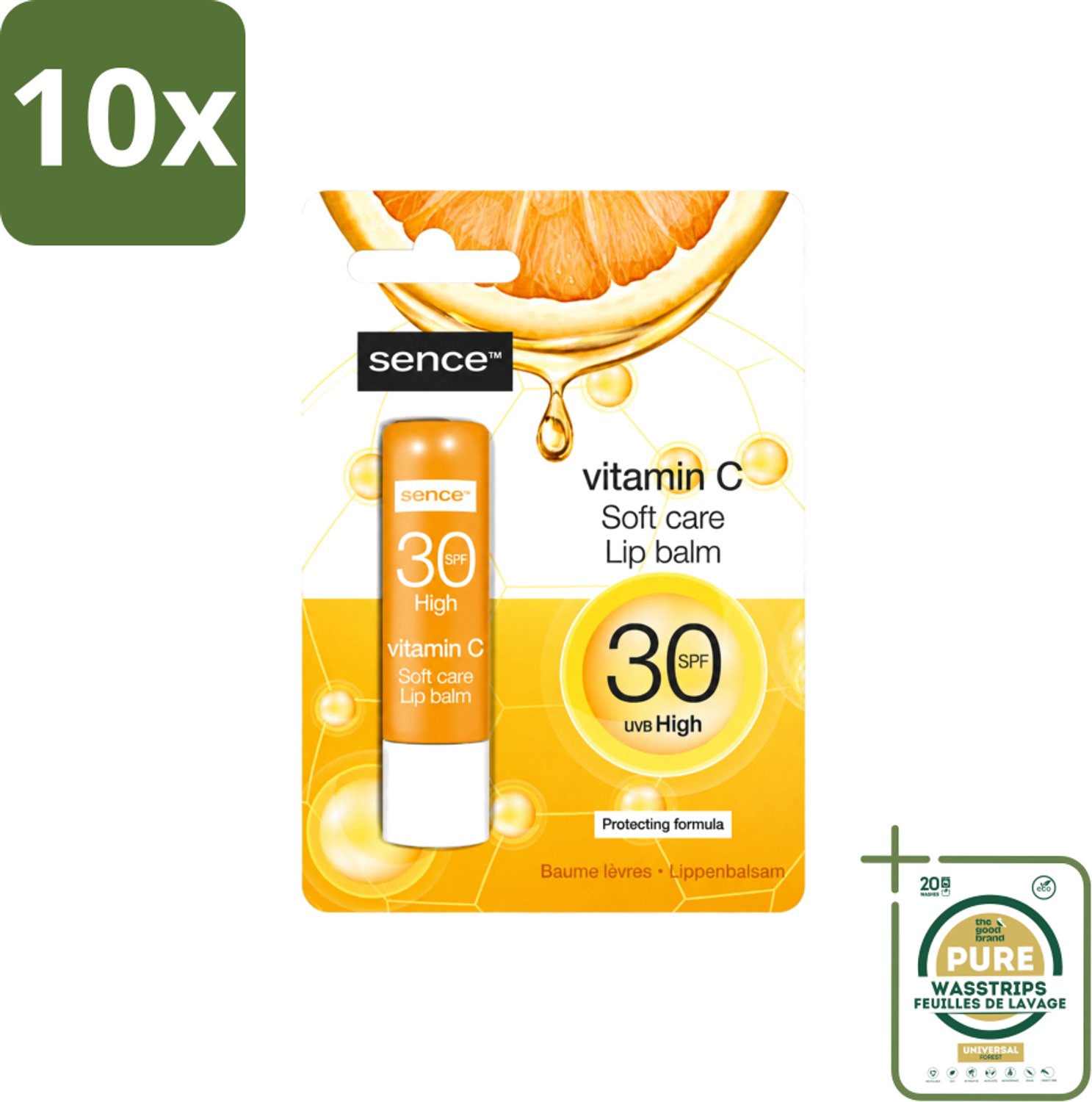 10 x Sence - Soft Care Vitamin C - Lippenbalsem - Hydraterend - 4,3 g - Wasstrips - Vitamine C Lippenbalsem - Hydraterende Lippenbalsem - Verzorgde Lippen - Droge Lippen Herstel - Lippenbescherming