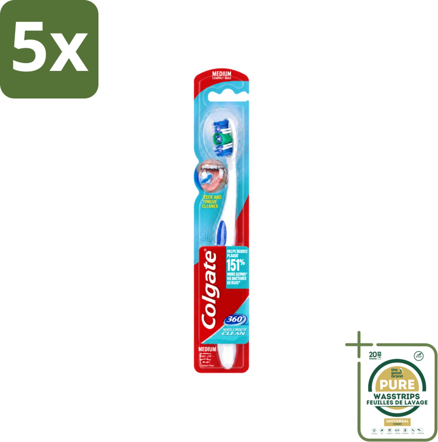 5 x Colgate - Tandenborstel - 360 Whole Mouth Clean Medium - Wit/Blauw - 1 Tandenborstel - Wasstrips - Tandenborstel - Mondhygiëne - Tandenpoetsen - Bacteriën - Tandplak