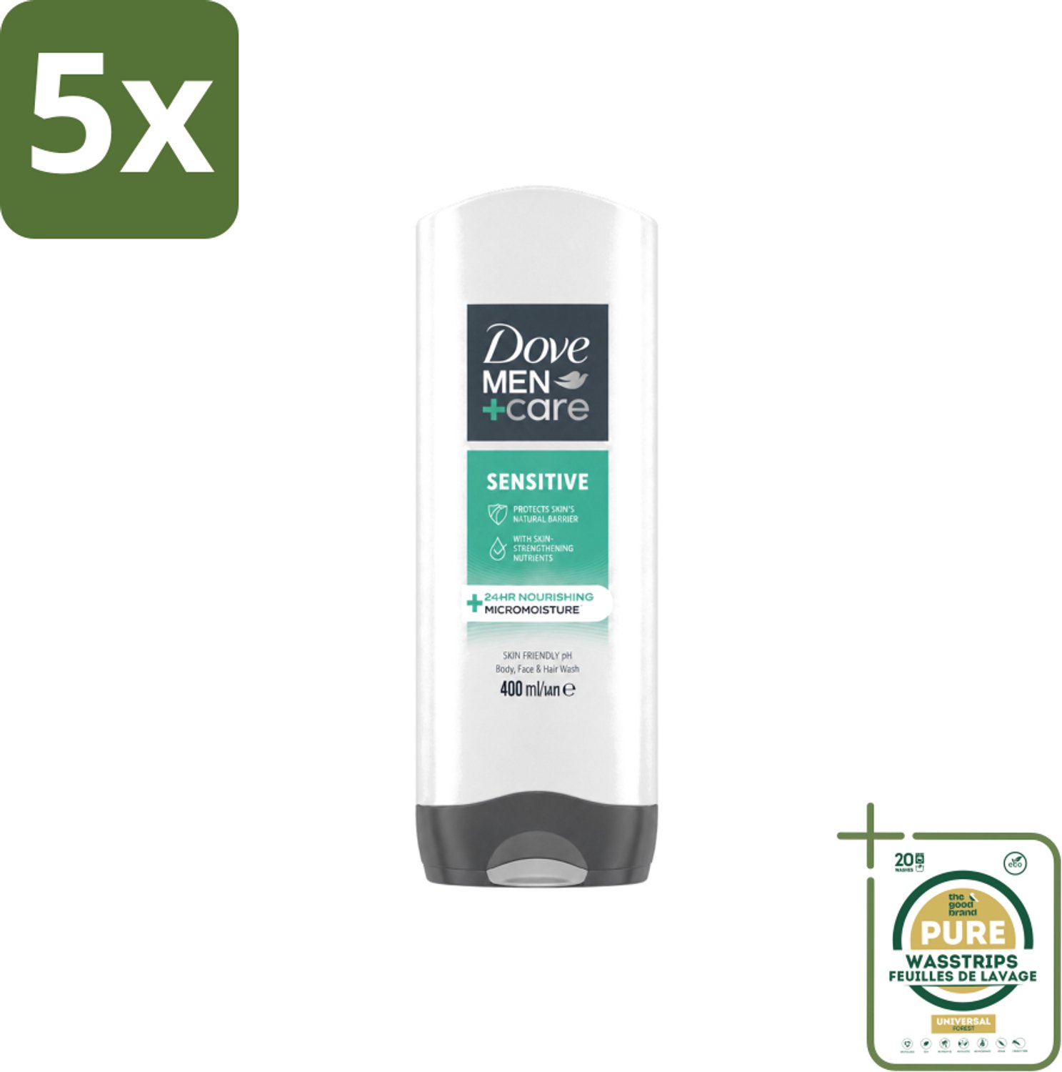 5 x Dove - Shower Gel - 3-in-1 - Men Care Sensitive - Verfrissend en zacht - 400 ml - Wasstrips - Douchegel Mannen - Gevoelige Huid - 3-in-1 Douchegel - Mannelijke Huid Verzorging - Zachte Douchegel