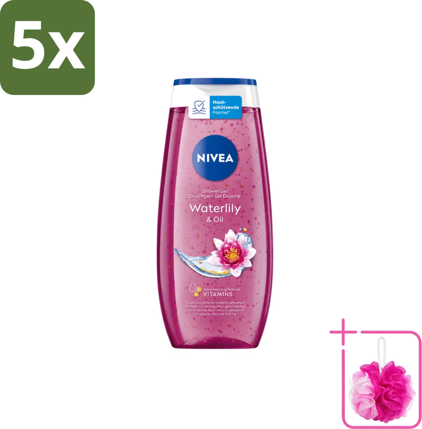 5 x Nivea – Douchegel – Waterlily & Oil – 250 ml - Bulkverpakking - Douchegel - Douchemop - Waterlelie