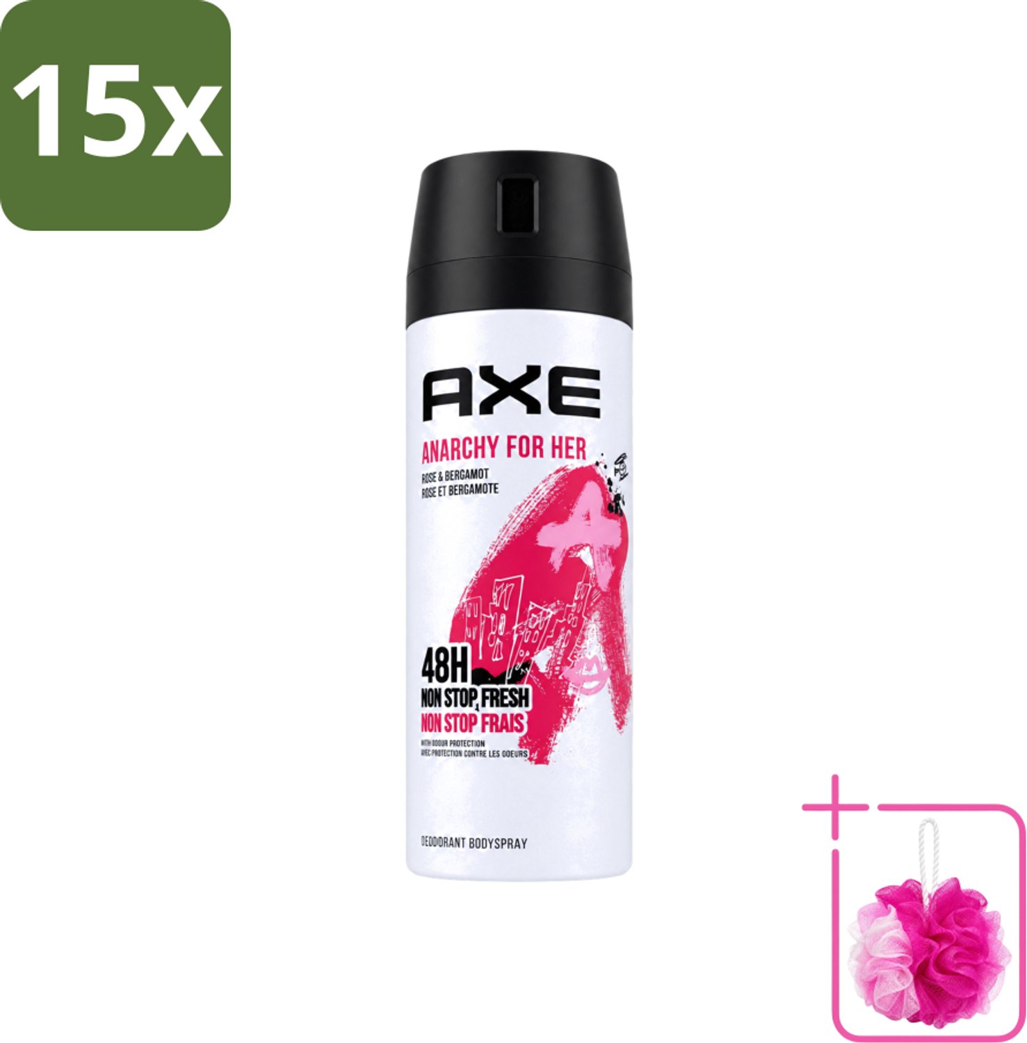 15 x Axe - Deodorant Bodyspray - 48hrs Non Stop Fresh - Anarchy For Her - Rose & Bergamot - 150 ml - Bulkverpakking - Deodorant - Douchemop - Geur