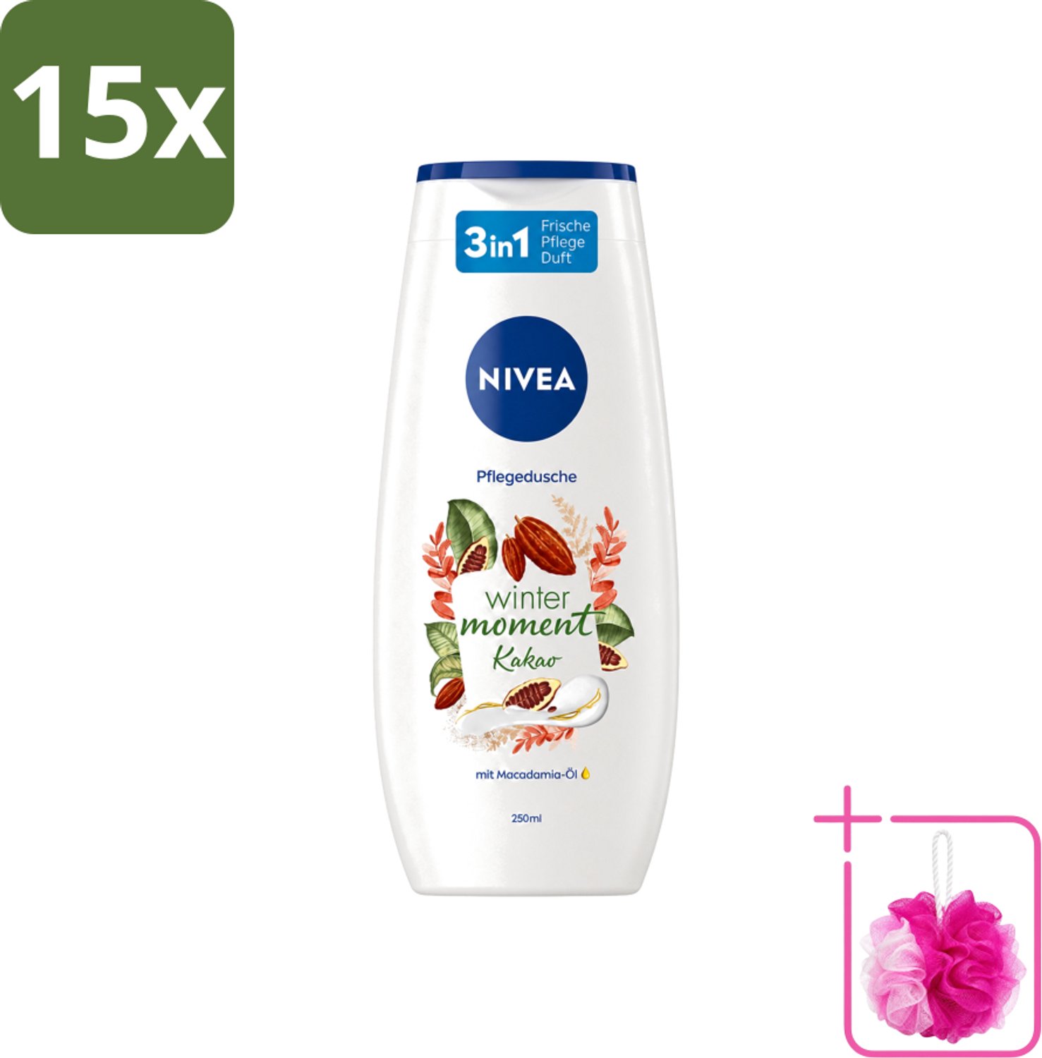 15 x Nivea - Douchegel - Winter Moment Cacao - 250 ml - Bulkverpakking - Douchegel winter - Douchemop - Verzorgende douchegel