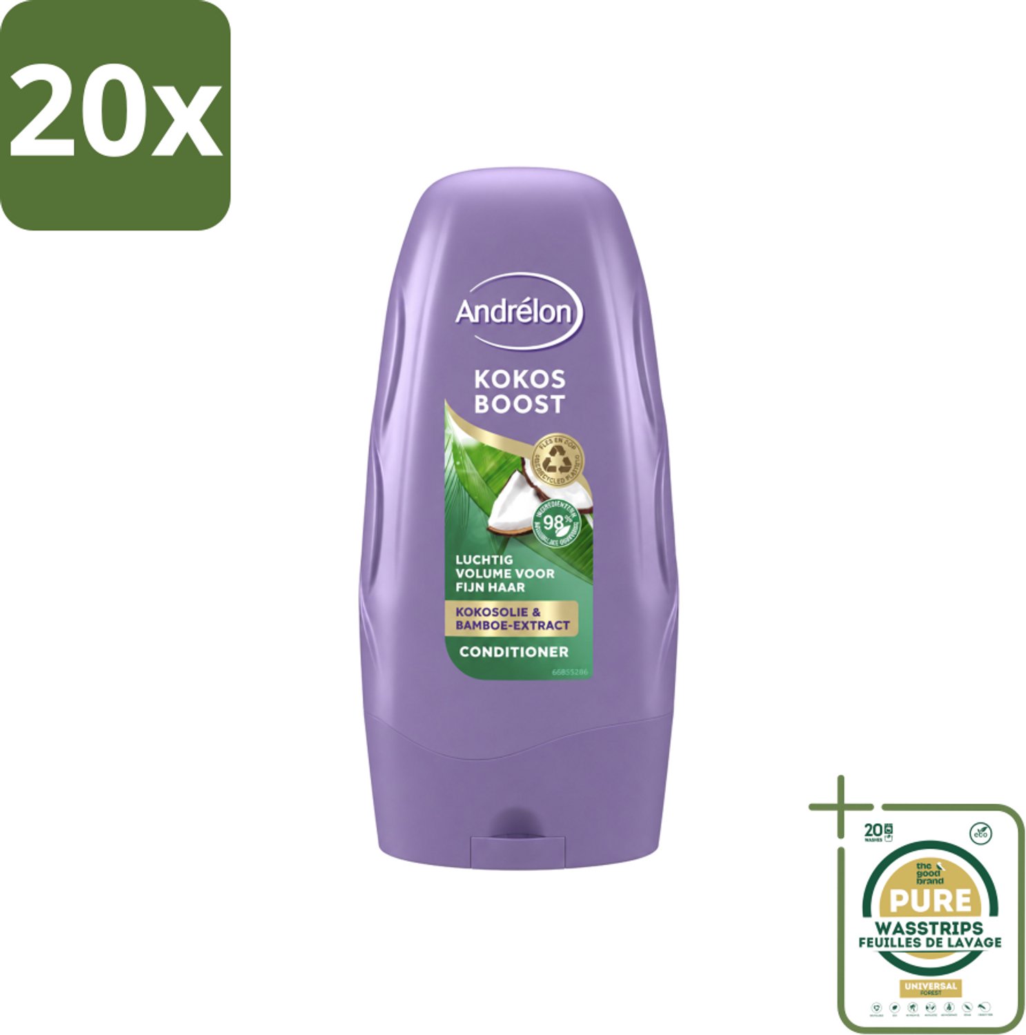 20 x Andrélon - Kokos Boost - Conditioner - Intensieve Voeding - 250 ml - Wasstrips - Fijn Haar - Volume - Voeding - Kokosolie - Bamboe-extract