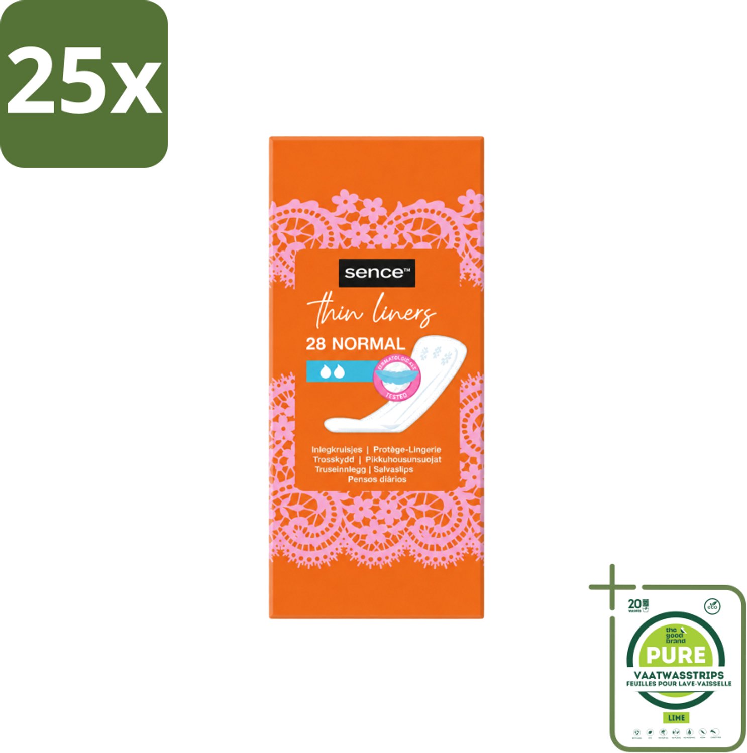 25 x Sence - Normaal - Inlegkruisjes - Dagelijks Comfort - 28 Inlegkruisjes - Grootverpakking - Vaatwasstrips - Inlegkruisjes - Dagelijks Comfort - Hygiëne - Afscheiding - Menstruatie