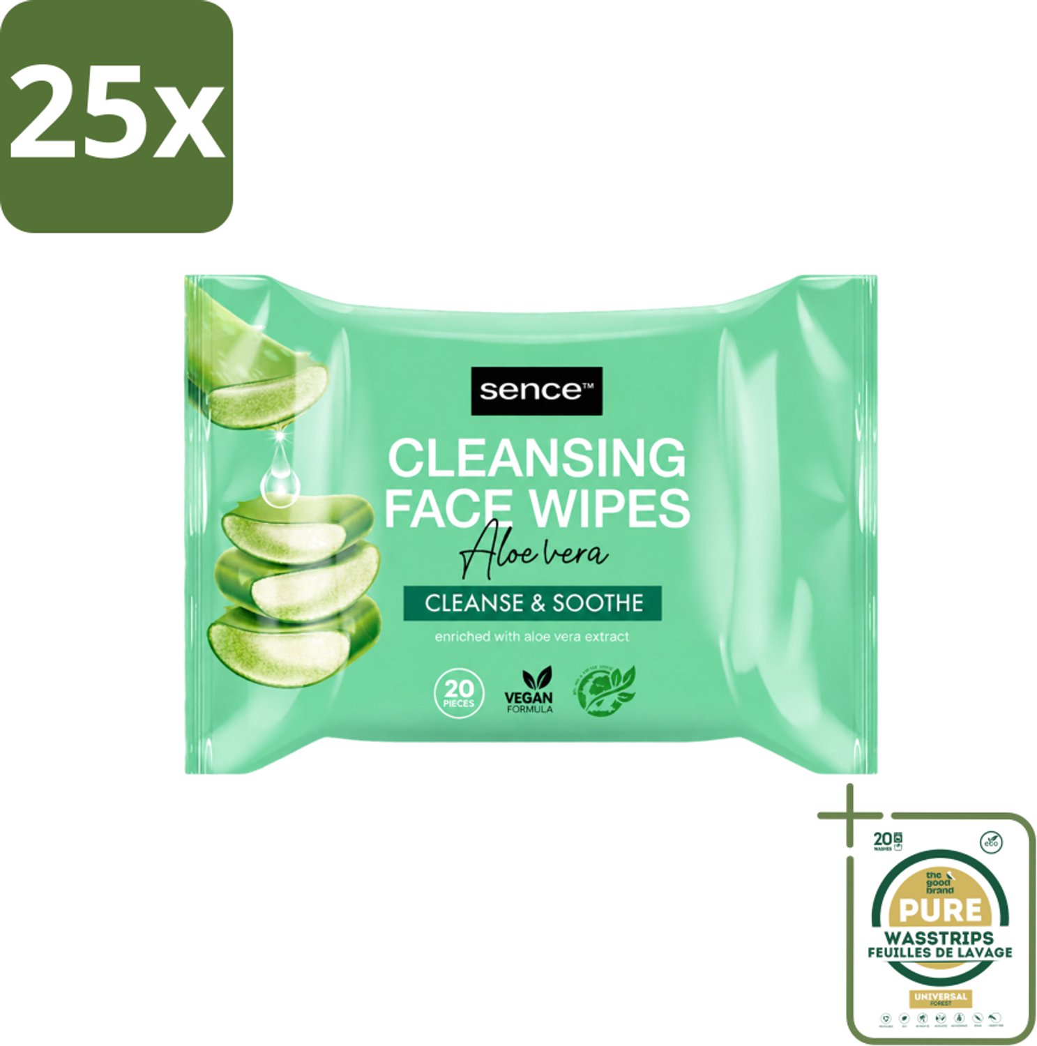25 x Sence - Aloë Vera - Gezichtsreinigingsdoekjes - Verzachtend - 20 Doekjes - Wasstrips - Gezichtsreinigingsdoekjes Aloë Vera - Reinigingsdoekje Aloë Vera - Gezichtsreiniging Aloë Vera - Doekjes Voor Gezicht - Gezichtsdoekje Aloë Vera