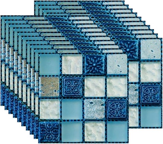 Stapel mozaïektegelstickers in blauwe en witte tinten met gevarieerde texturen en decoratieve patronen.