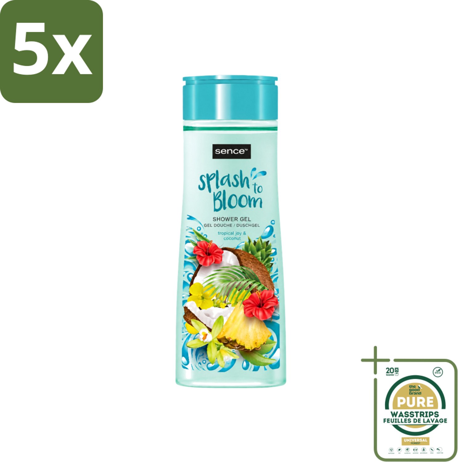 5 x Sence - Tropical Joy & Coconut - Douchegel - Exotisch - 300 ml - Wasstrips - Douchegel - Kokos - Tropisch Fruit - Exotische Geur - Huidverzorging