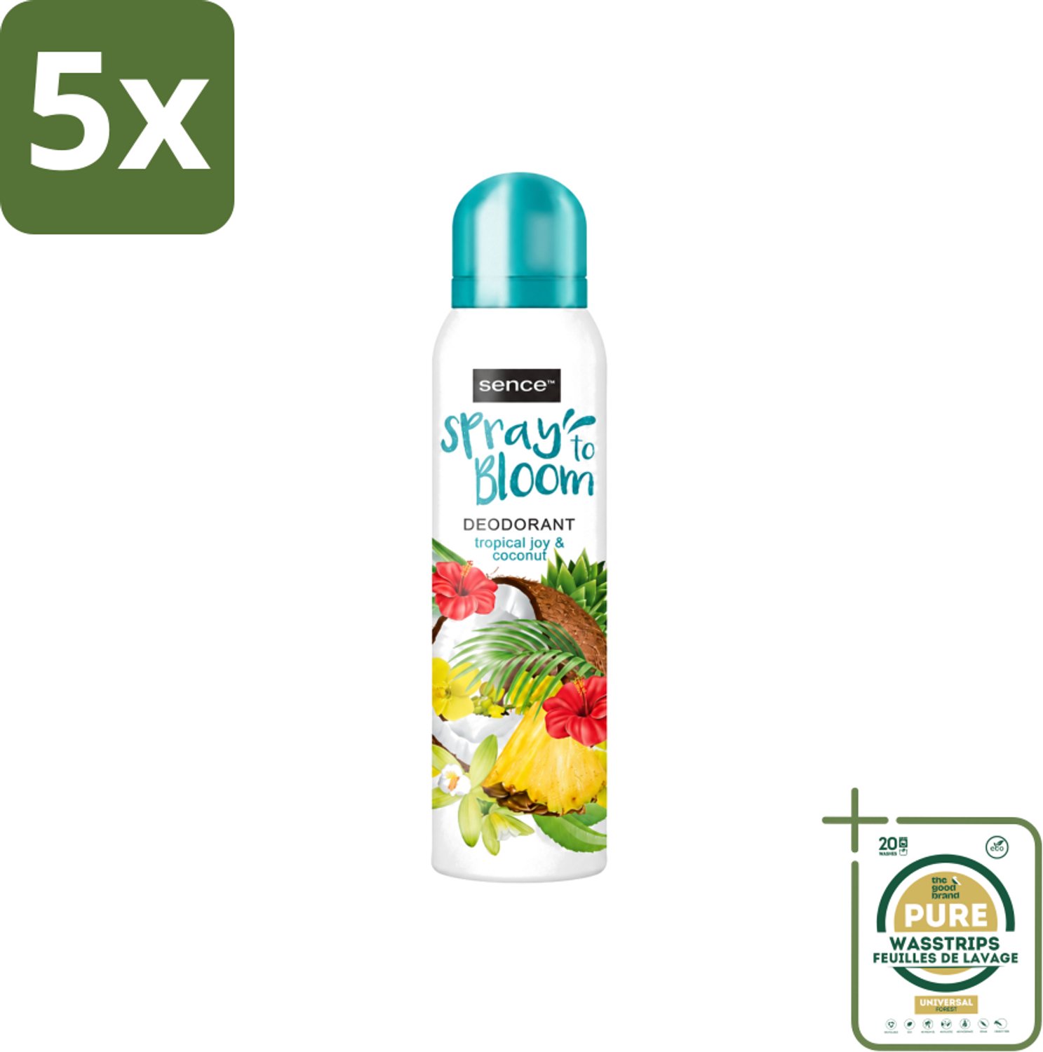 5 x Sence - Tropical Joy & Coconut - Deodorant - Exotisch - 150 ml - Wasstrips - Tropisch Geur - Kokos - Exotisch Geur - Frisheid - Zweetbevochtiging