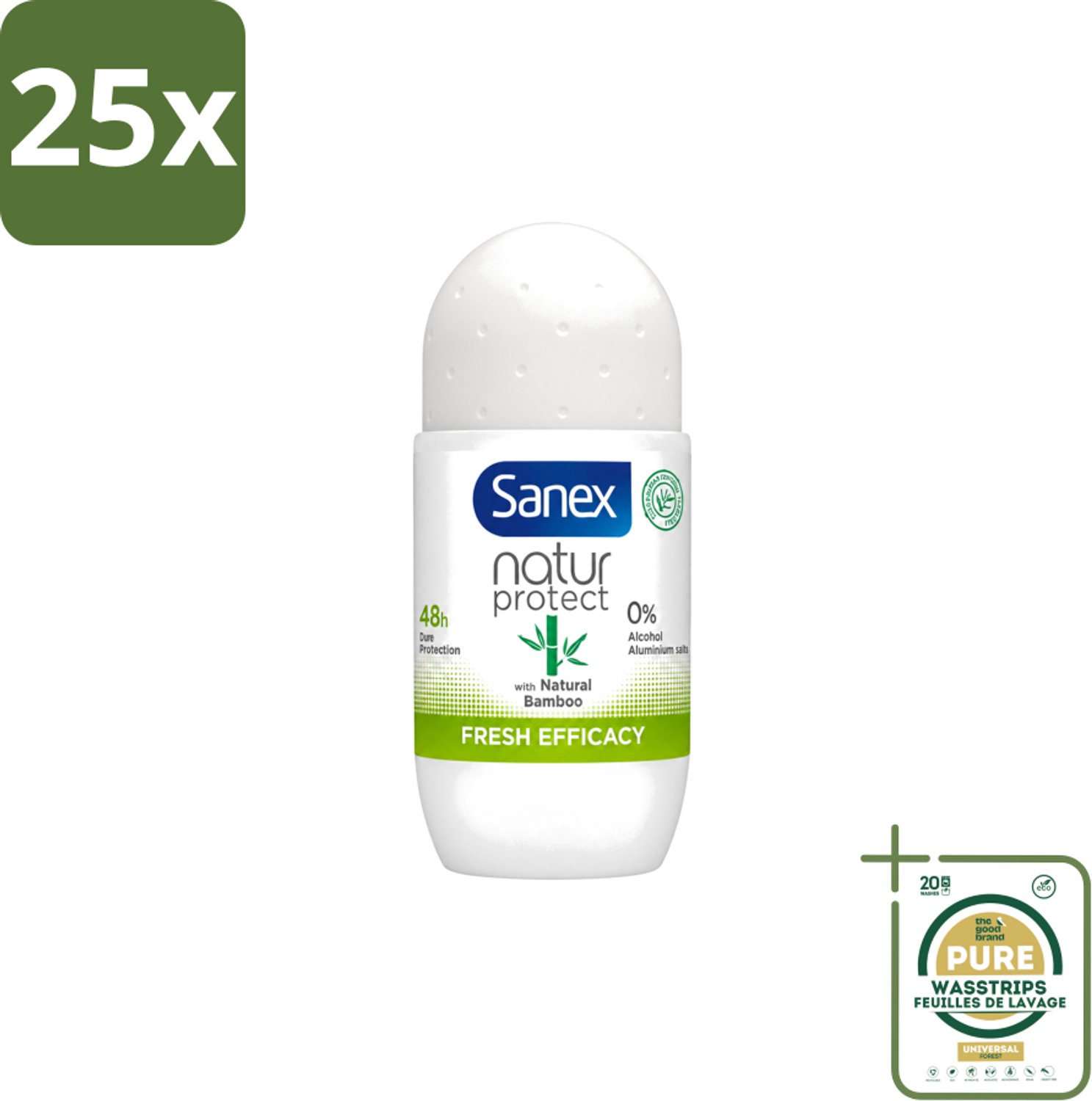 25 x Sanex – Deo Roll-on – Bamboo Fresh Efficacy – 50 ml - Wasstrips - Bamboo Deodorant - Natuurlijke Frisheid - Alcoholvrije Deodorant - Huidvriendelijke Deodorant - Transpiratiegeur