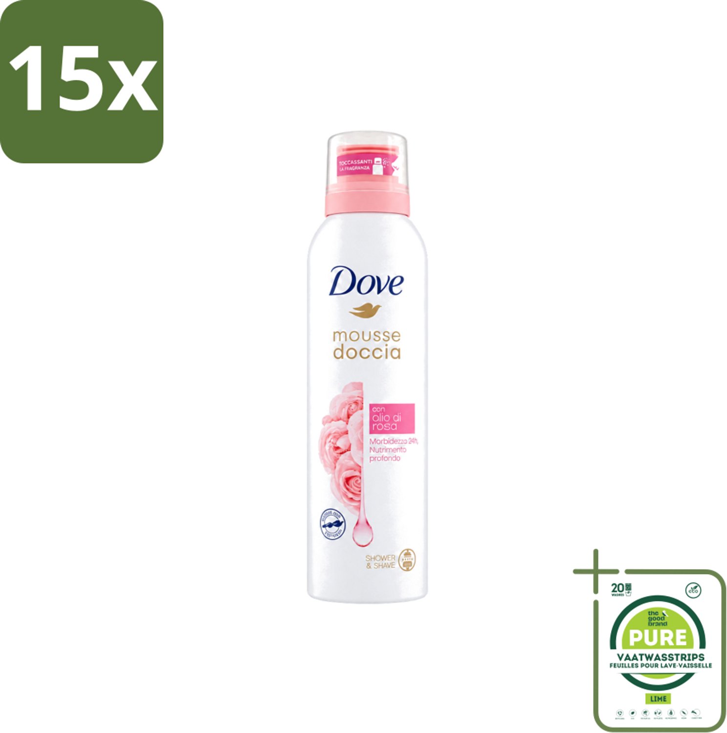 15 x Dove – Douchefoam – Rose Oil – 200 ml - Grootverpakking - Vaatwasstrips - Douchefoam - Rozenolie - Huidverzorging - Hydratatie - Schuim