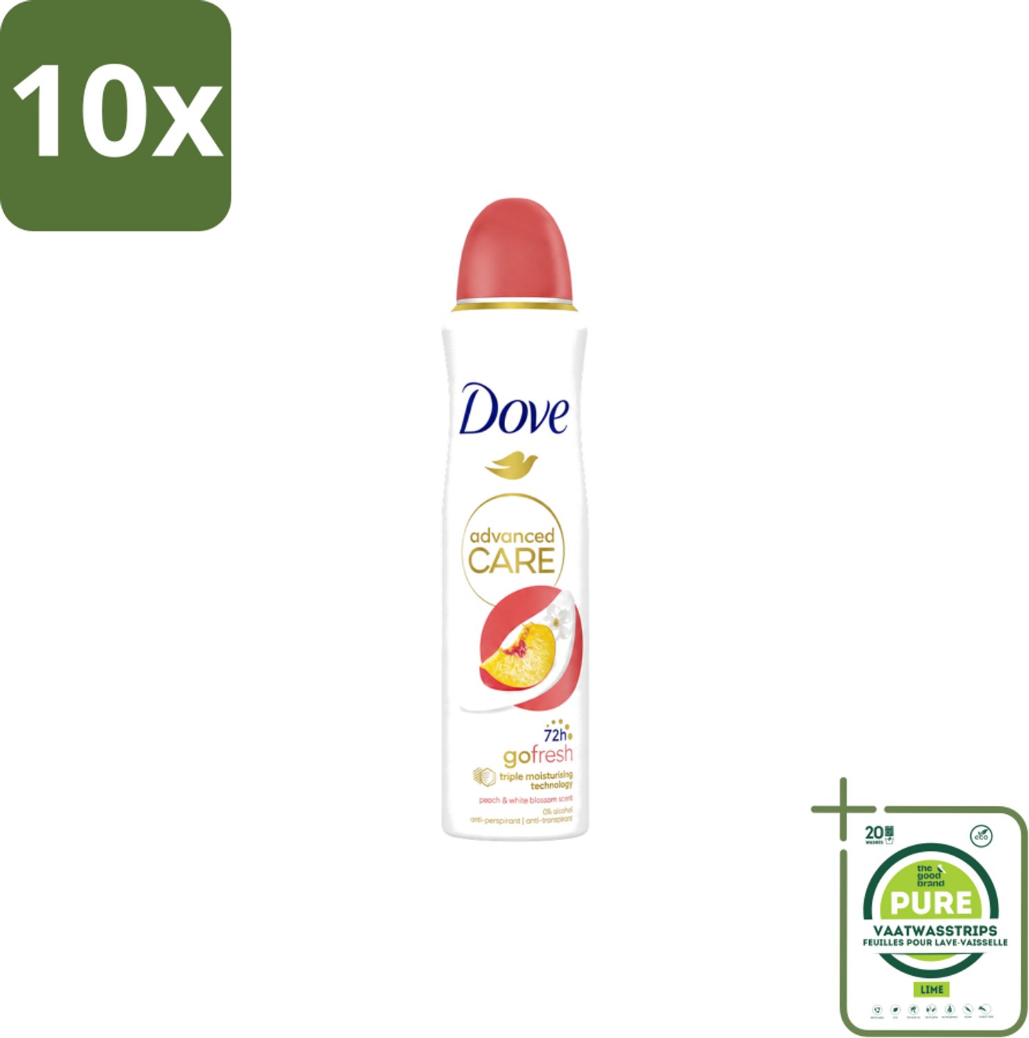 10 x Dove – Deodorant Spray – Peach & White Blossom – 150 ml - Grootverpakking - Vaatwasstrips - Deodorant Spray - Fris - Okselhuid Verzorging - Perzik En Witte Bloesem - Alcoholvrije Deodorant
