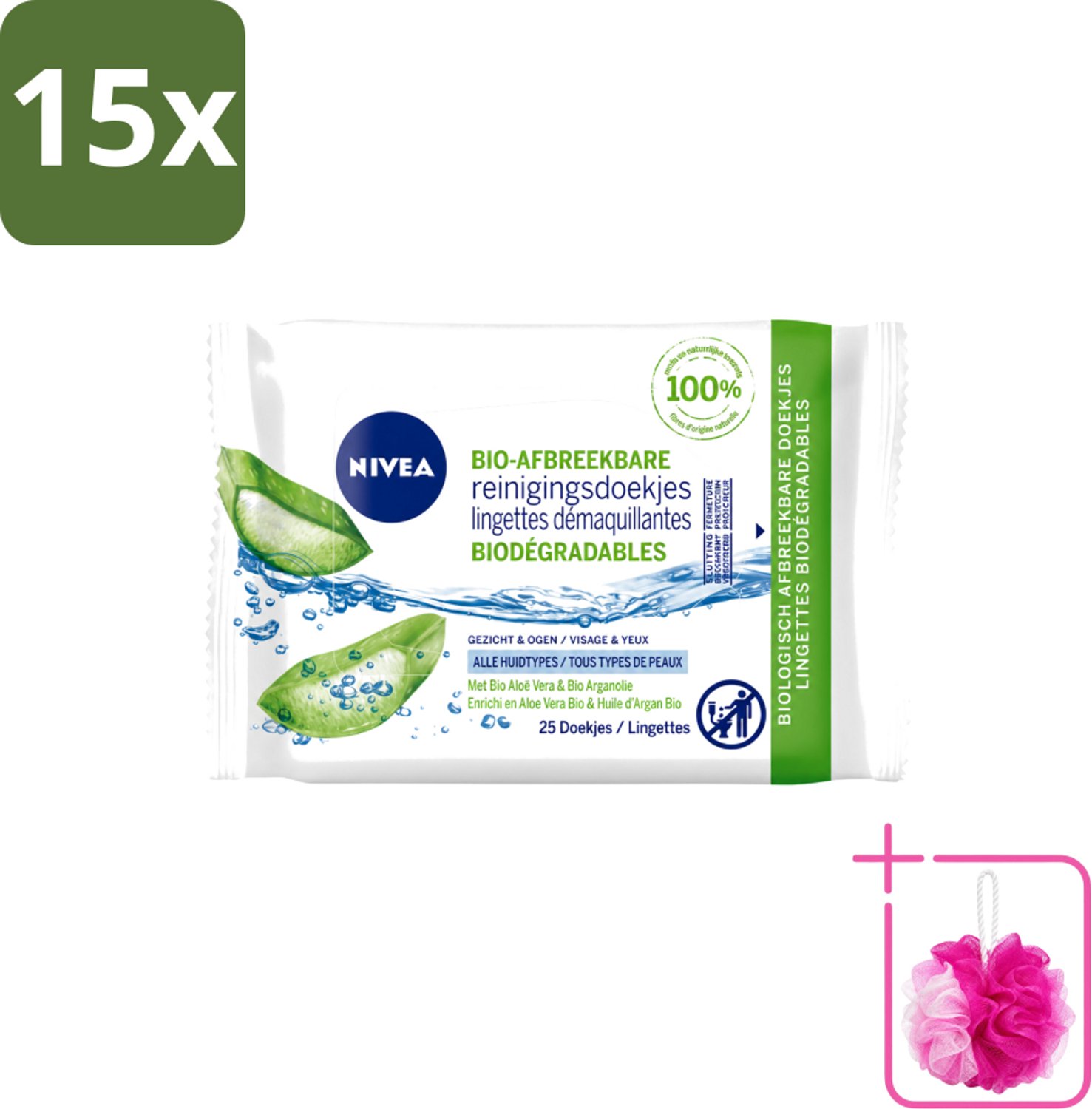 15 x Nivea – Reinigingsdoekjes – Bio Aloe Vera – 25 Doekjes - Bulkverpakking - Reinigingsdoekjes - Douchemop - Gezichtsreiniging