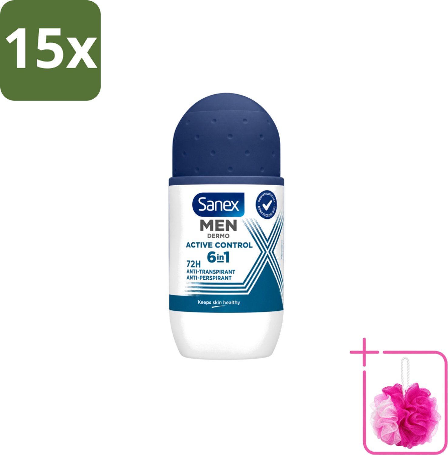 15 x Sanex Men – Deo Roll-on – Active Control – 53 ml - Bulkverpakking - Deodorant voor mannen - Douchemop - Zweetbehandeling