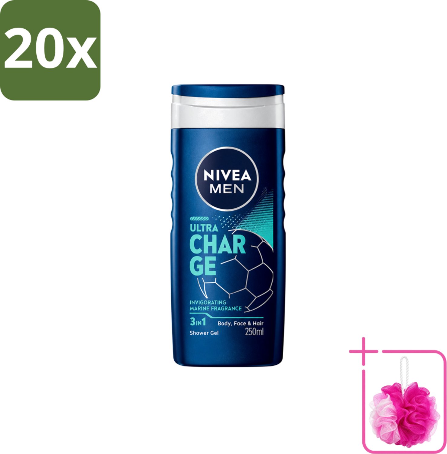 20 x Nivea Men – Douchegel – Ultra Charge – 250 ml - Bulkverpakking - Douchegel voor mannen - Douchemop - Verzorging van huid