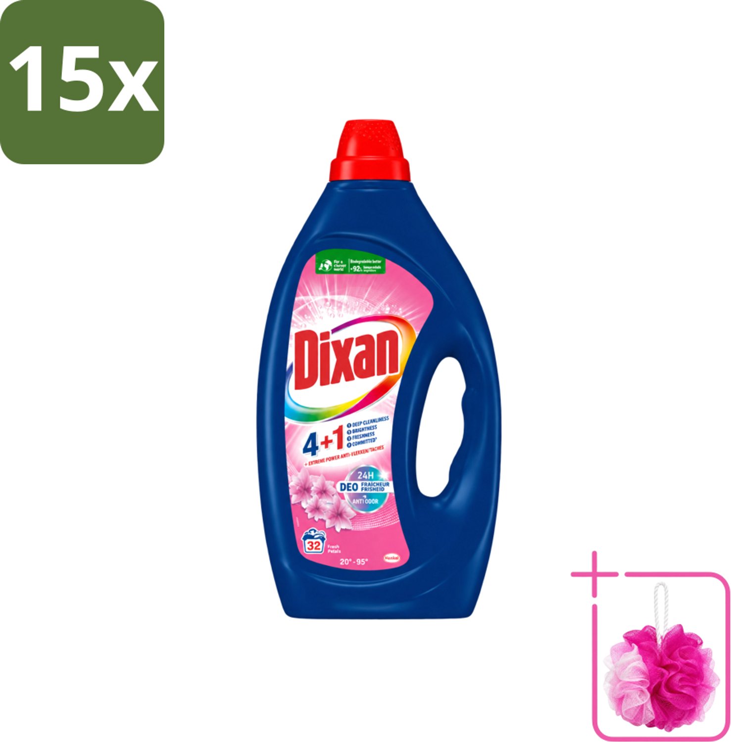 15 x Dixan - Vloeibaar wasmiddel - Fresh Pink - 32 wasbeurten - Bulkverpakking - Wasmiddel - Douchemop - Wasgeur