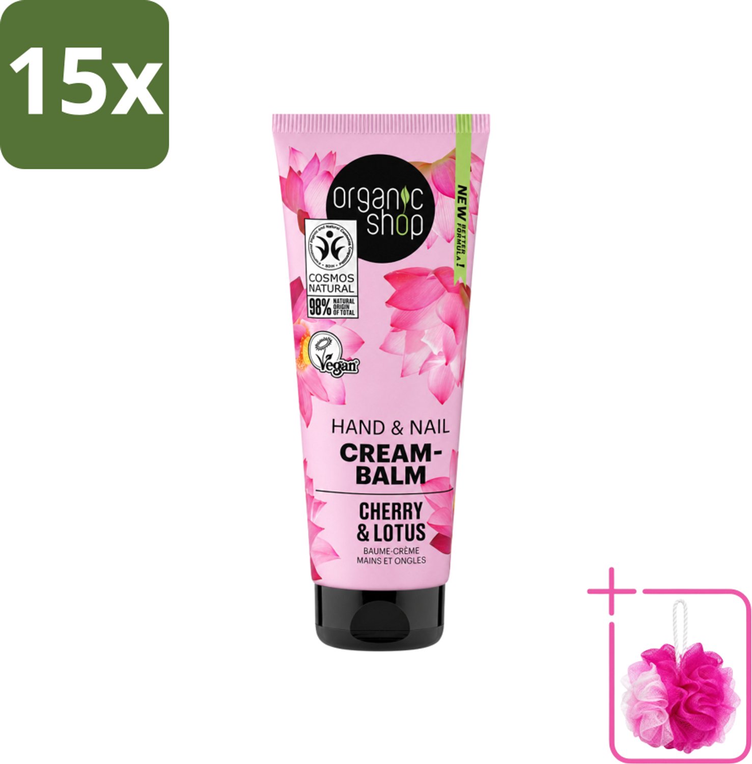 15 x Organic Shop - Hand & Nail Cream - Cherry & Lotus - Verzorgend en Hydraterend - 75 ml - Bulkverpakking - Handcrème - Douchemop - Nagelverzorging