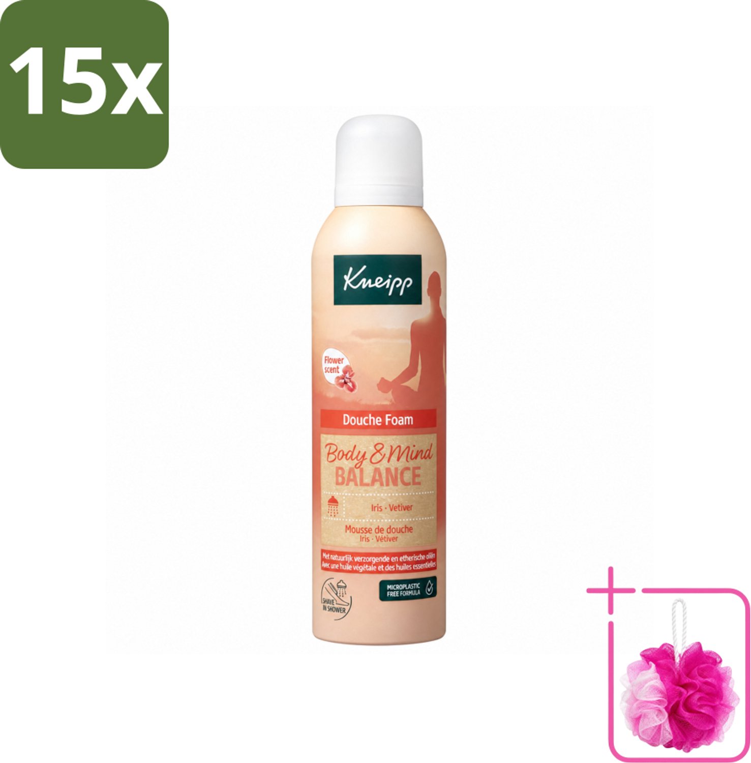 15 x Kneipp - Douche schuim - Body & Mind Balance - Iris & Vetiver - 200 ml - Bulkverpakking - Douche foam - Douchemop - Rust
