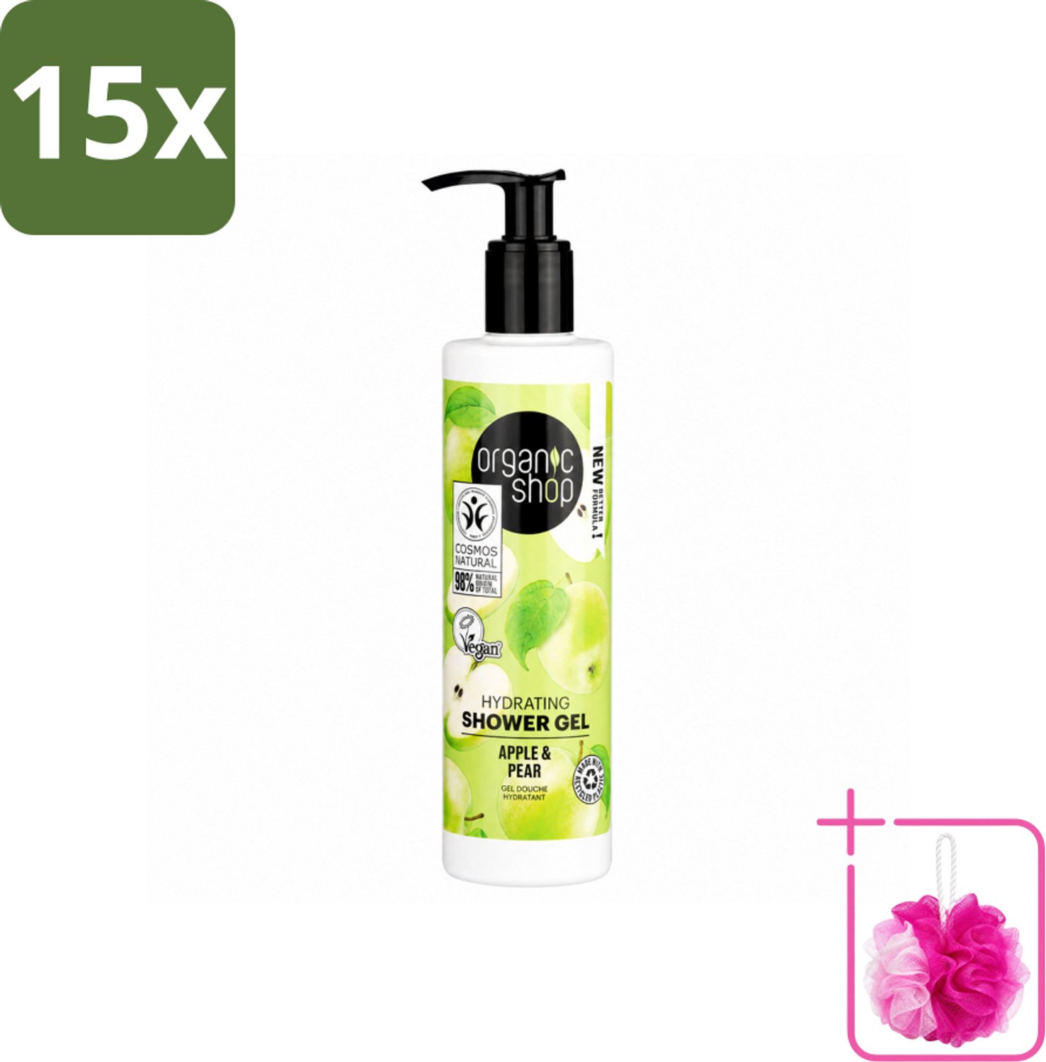15 x Organic Shop - Douchegel Apple & Pear - Verfrissend en Hydraterend - 280 ml - Bulkverpakking - Douchegel - Douchemop - Natuurlijke douchegel