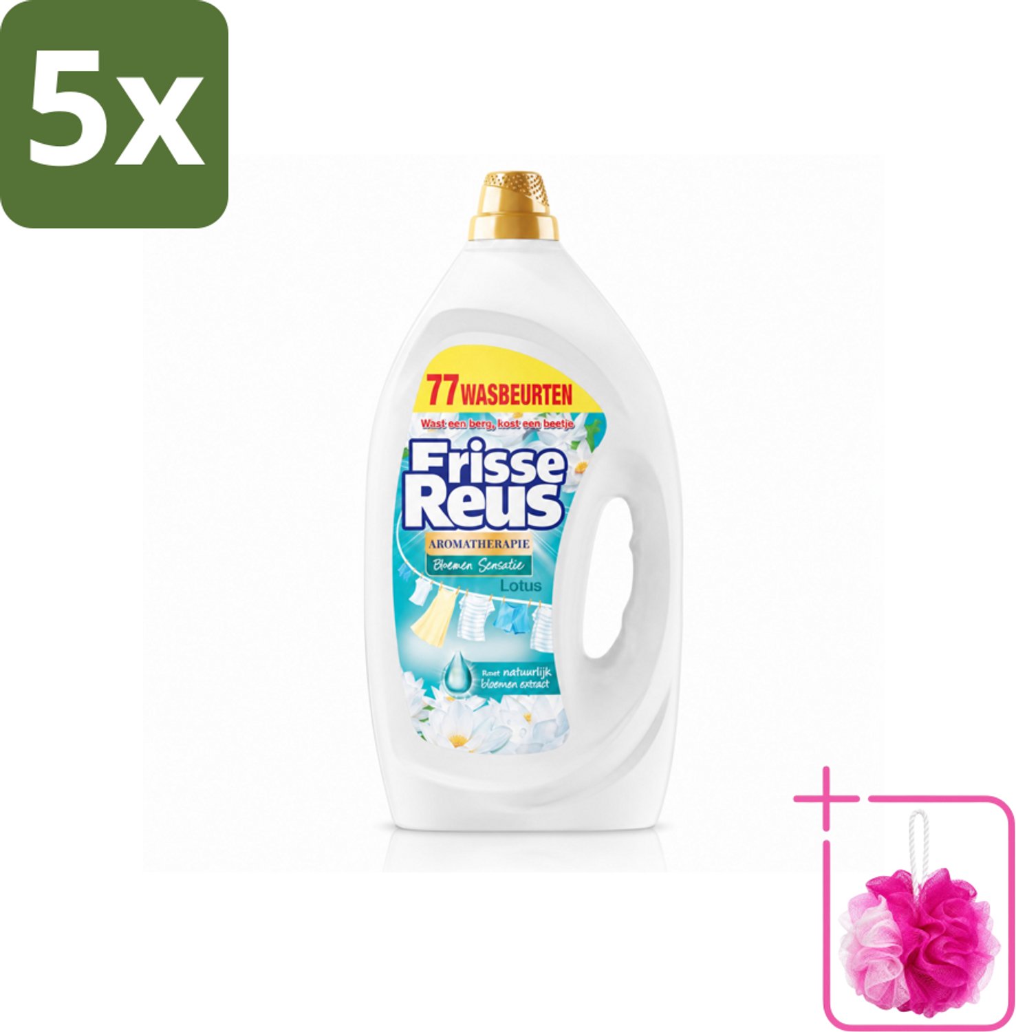 5 x Frisse Reus - Vloeibaar Wasmiddel - Lotus - Witte Was - 77 Wasbeurten - Bulkverpakking - Witte was - Douchemop - Frisse was