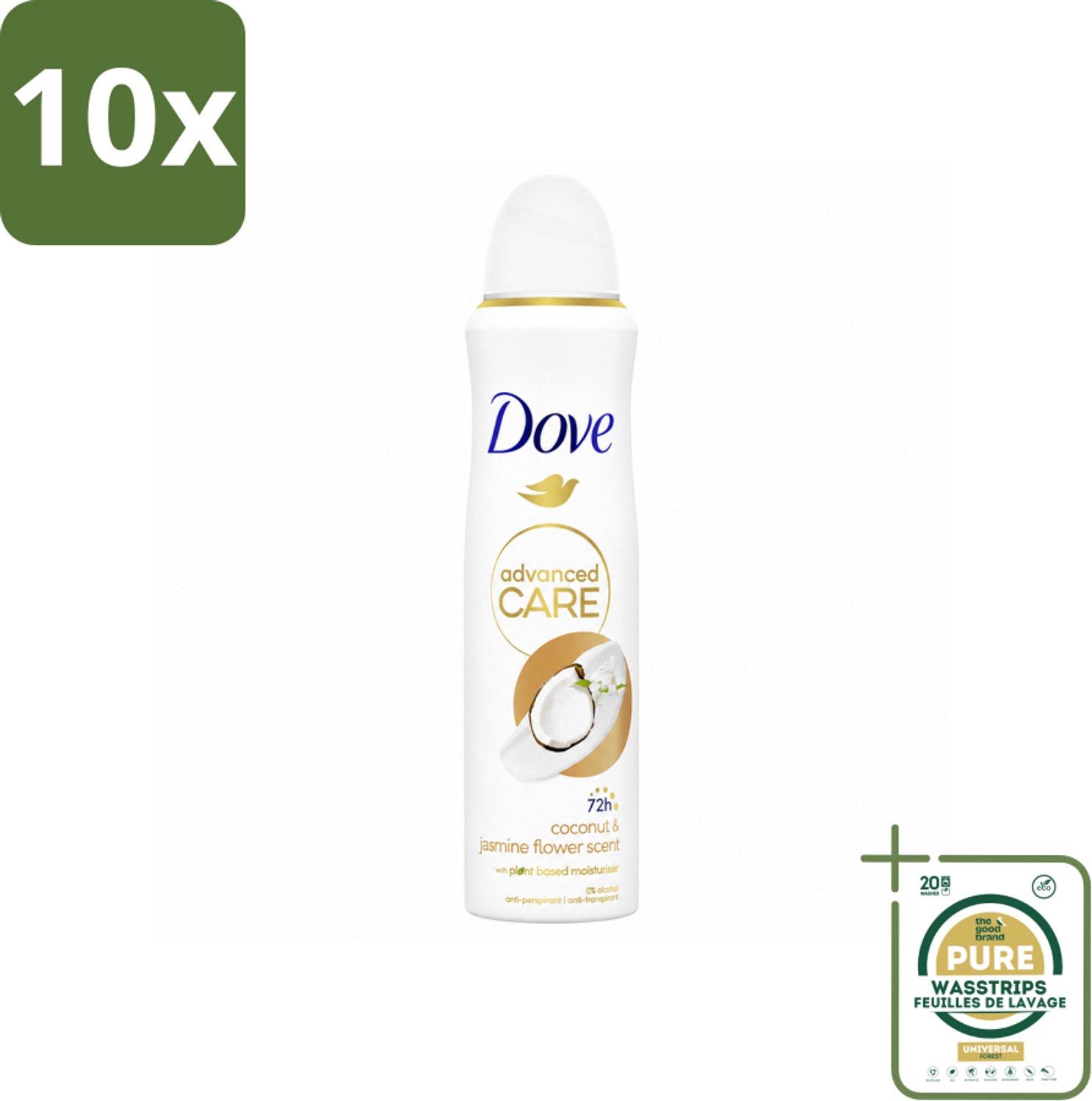 10 x Dove Deodorant Spray - Advanced Care - Kokos & Jasmijnbloem - 150 ml - Wasstrips - Deodorant Spray - Kokos En Jasmijn - Anti-zweet - Huidverzorging - Frisheid