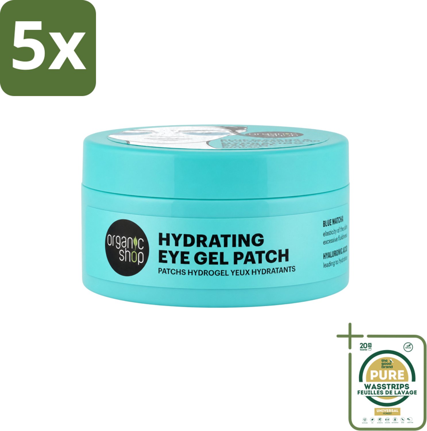5 x Organic Shop - Eye Gel Patch Blue Matcha & Hyaluronic Acid - Verfrissend en Hydraterend - 60 Patches - Wasstrips - Oogverzorging - Oogpatches - Hydraterende Oogcrème - Oogverzorging Voor Gevoelige Huid - Anti-oudering