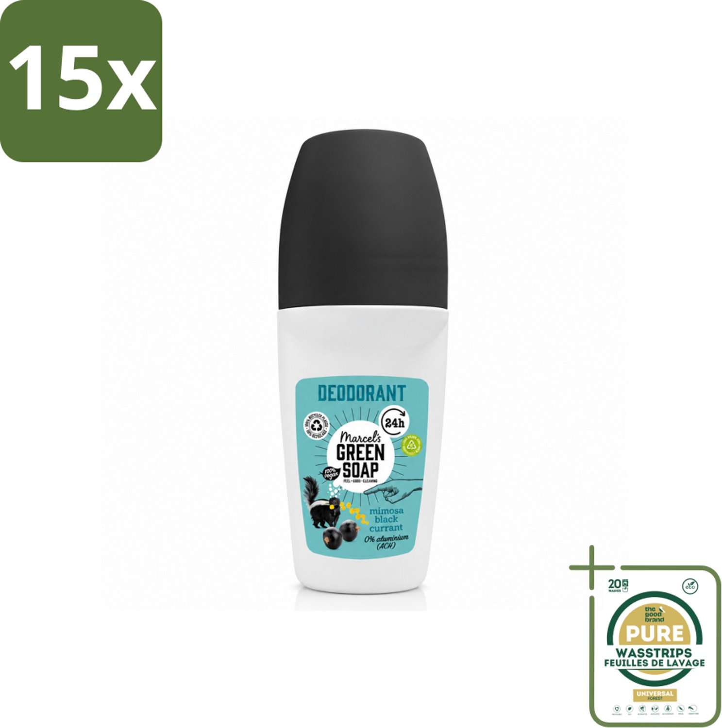 15 x Marcel's Green Soap - Deodorant Roller - Mimosa & Blackcurrant - Langdurige frisheid - 50 ml - Wasstrips - Deodorant Roller - Natuurlijke Geur - Frisse Geur - Okselverzorging - Duurzame Deodorant