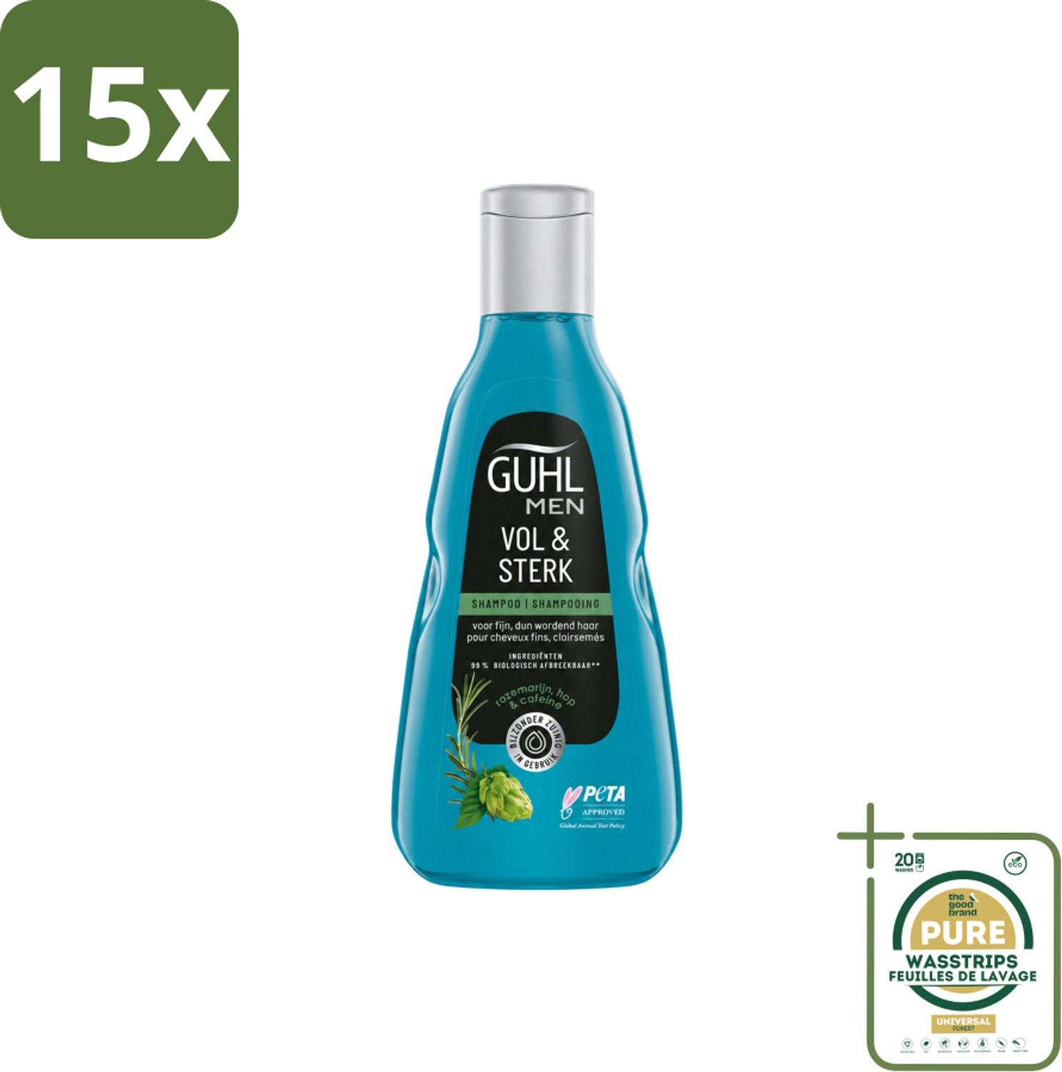 15 x Guhl - Shampoo - Men Vol & Sterk - 250 ml - Wasstrips - Mannen Haar - Krachtig Haar - Volume Haar - Sterk Haar - Fijn Haar