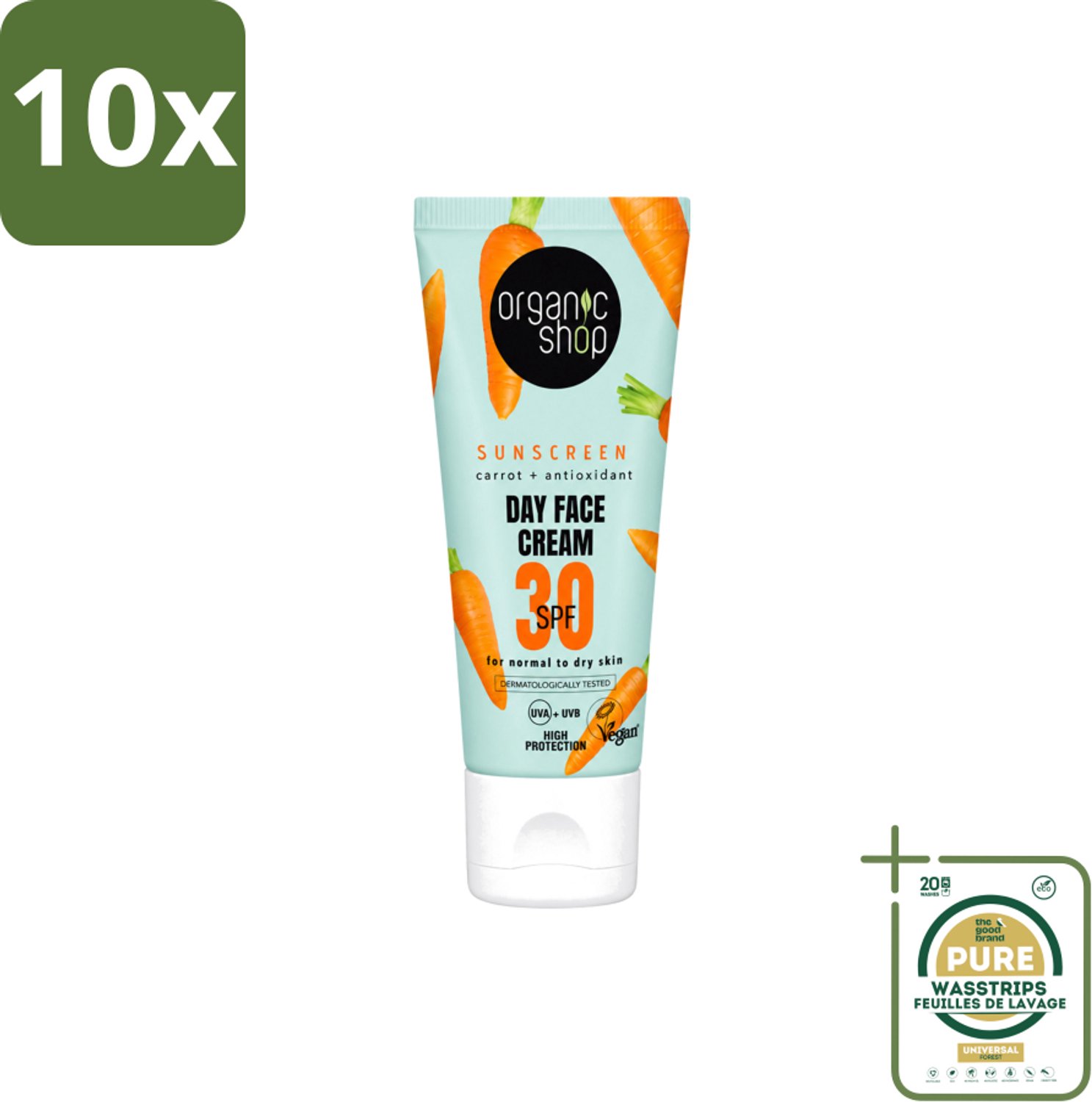10 x Organic Shop - Zonnebrandcrème Gezicht SPF 30 - Normale Huid - 50 ml - Wasstrips - Zonnebrandcrème - Gezichtsbescherming - SPF 30 - Huidbescherming - UVA/UVB Bescherming
