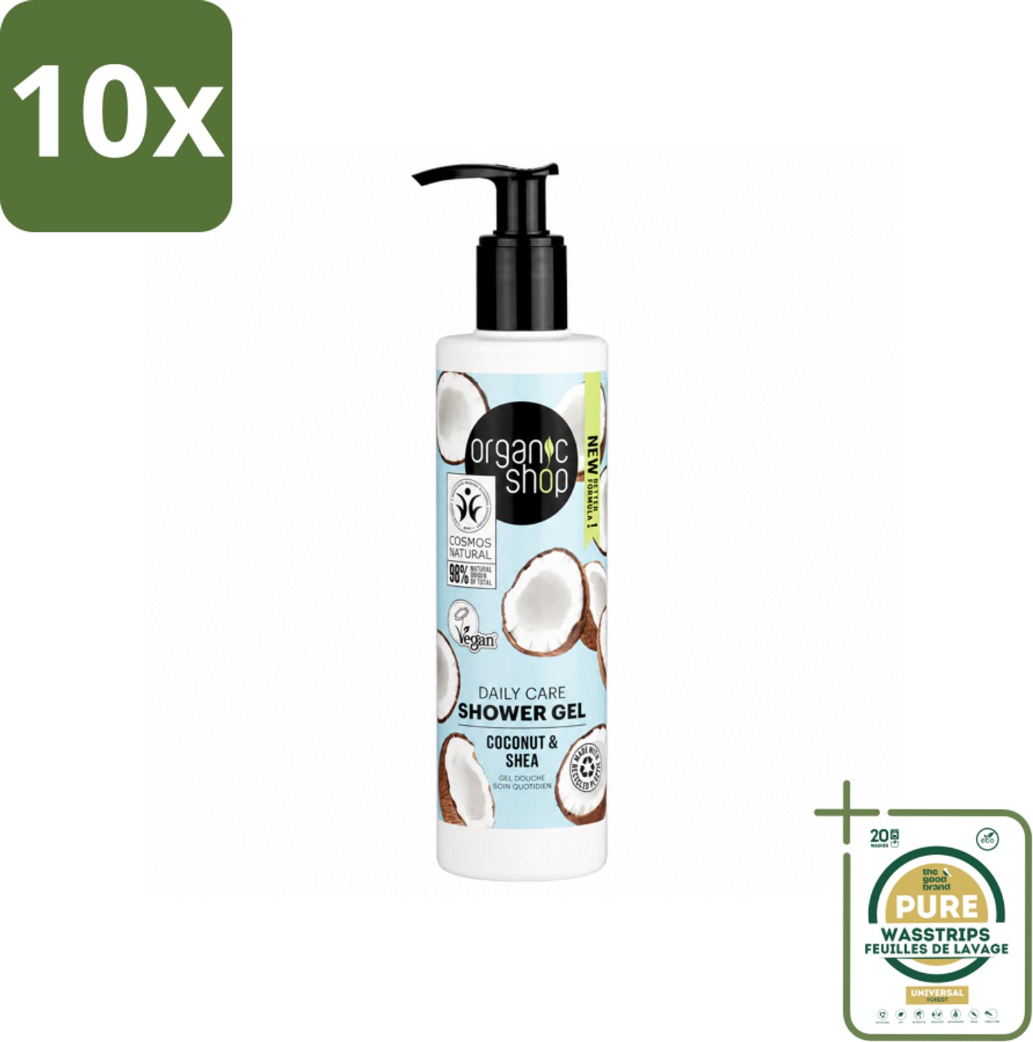 10 x Organic Shop - Daily Care Coconut & Shea Shower Gel - Hydratatie & Verzorging - 280 ml - Wasstrips - Douchegel - Natuurlijke Douchegel - Hydraterende Douchegel - Biologische Douchegel - Kokosdouchegel