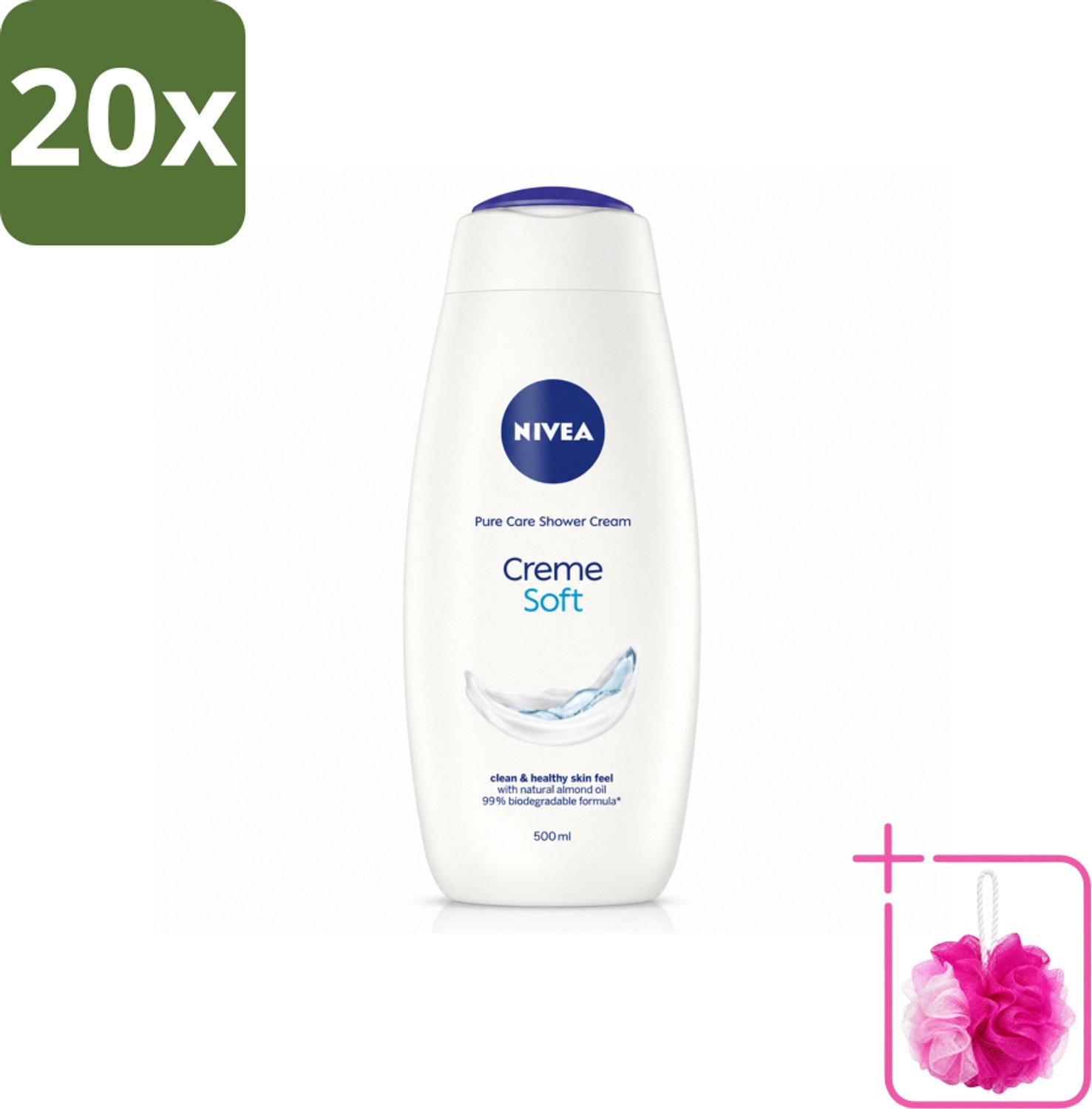 20 x NIVEA - Douchecrème - Zacht - Huidbeschermend - Amandelolie - 500 ml - Bulkverpakking - Douchecrème - Douchemop - Huid verzorgen