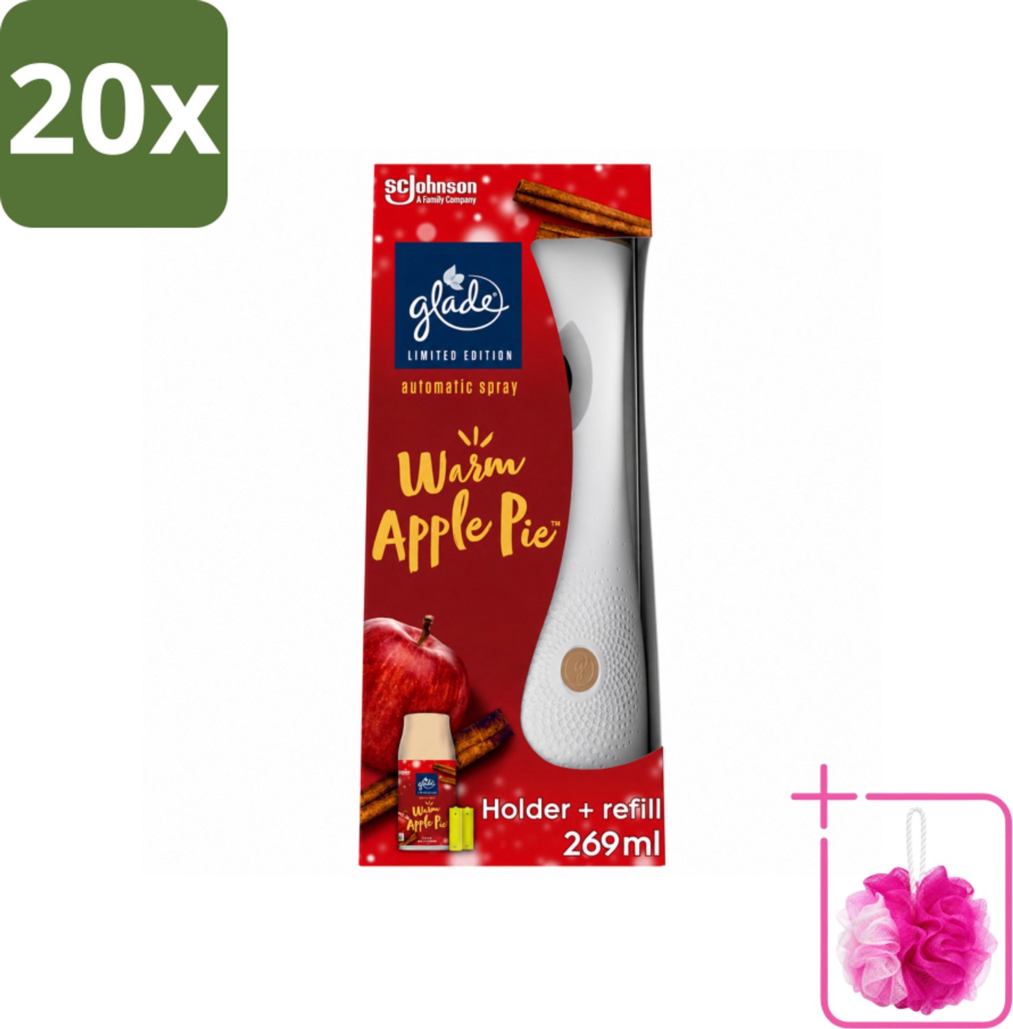 20 x Glade - Houder Automatische Spray - Warme Appeltaart Limited Edition - 269 ml - Bulkverpakking - Warm apple pie geur - Douchemop - Automatische geur