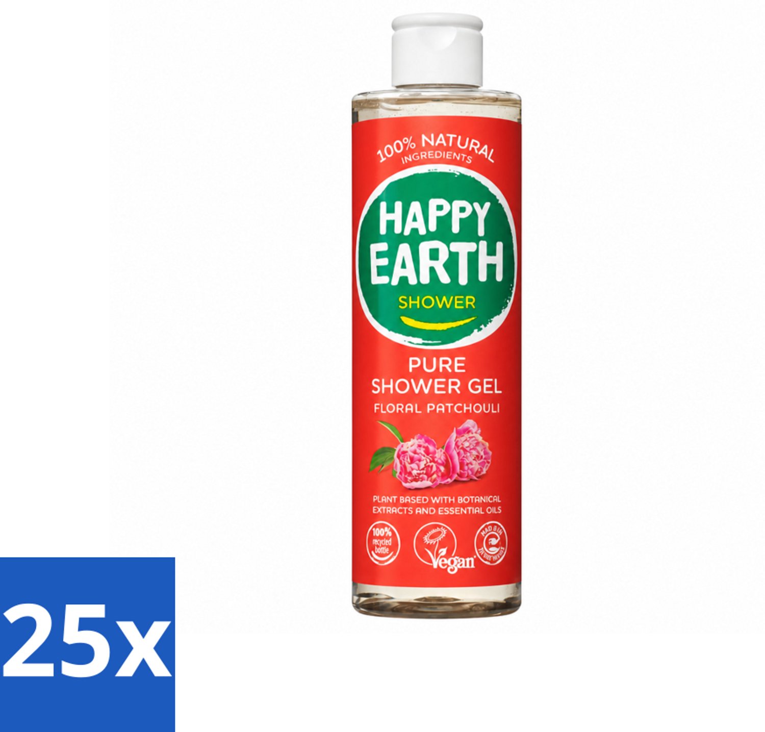 25 x Happy Earth – Douchegel – 100% Natuurlijk Floral Patchouli – 300 ml - Voordeelverpakking - 25 stuks