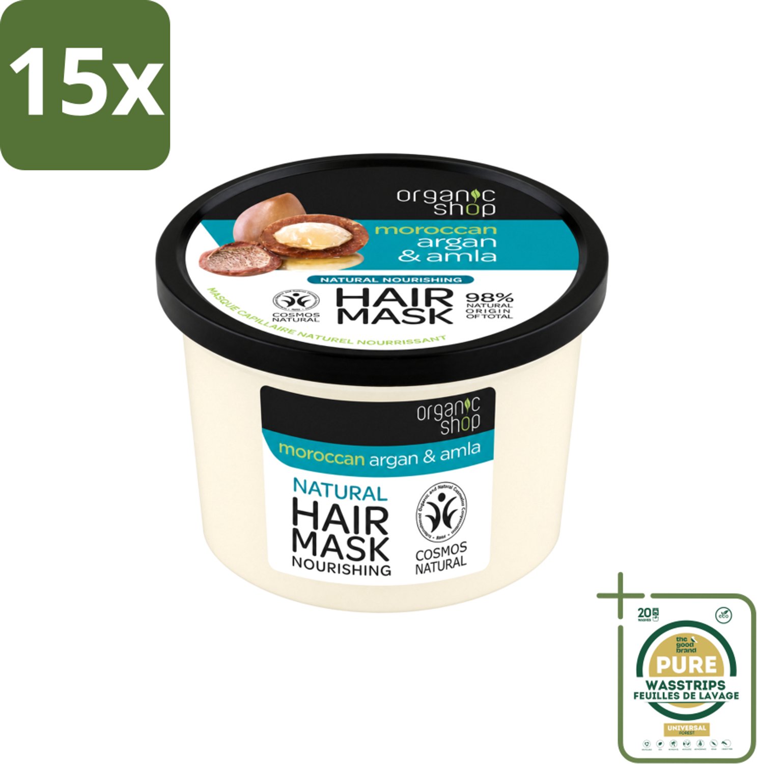 15 x Organic Shop - Haarmasker Argan & Amla - Herstellend en Verzorgend - 250 ml - Wasstrips - Haarmasker - Herstel Haar - Beschadigd Haar - Arganolie - Amla Extract
