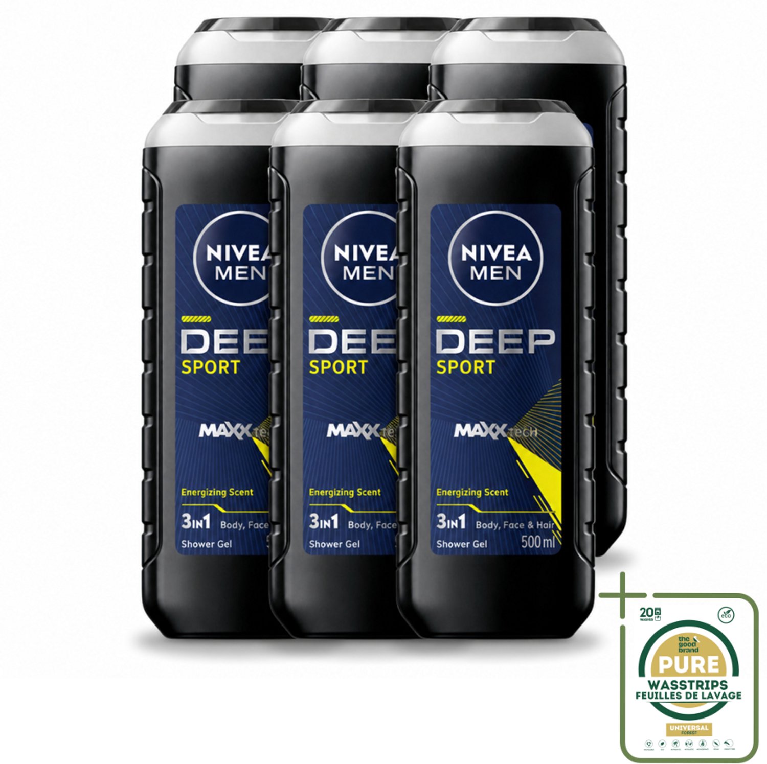 6 x NIVEA MEN - Douchegel - Deep Sport - 500 ml - Wasstrips - Douchegel Voor Mannen - Sportdouchegel - Frisse Douchegel - Mannelijke Douchegel - Diepe Reiniging