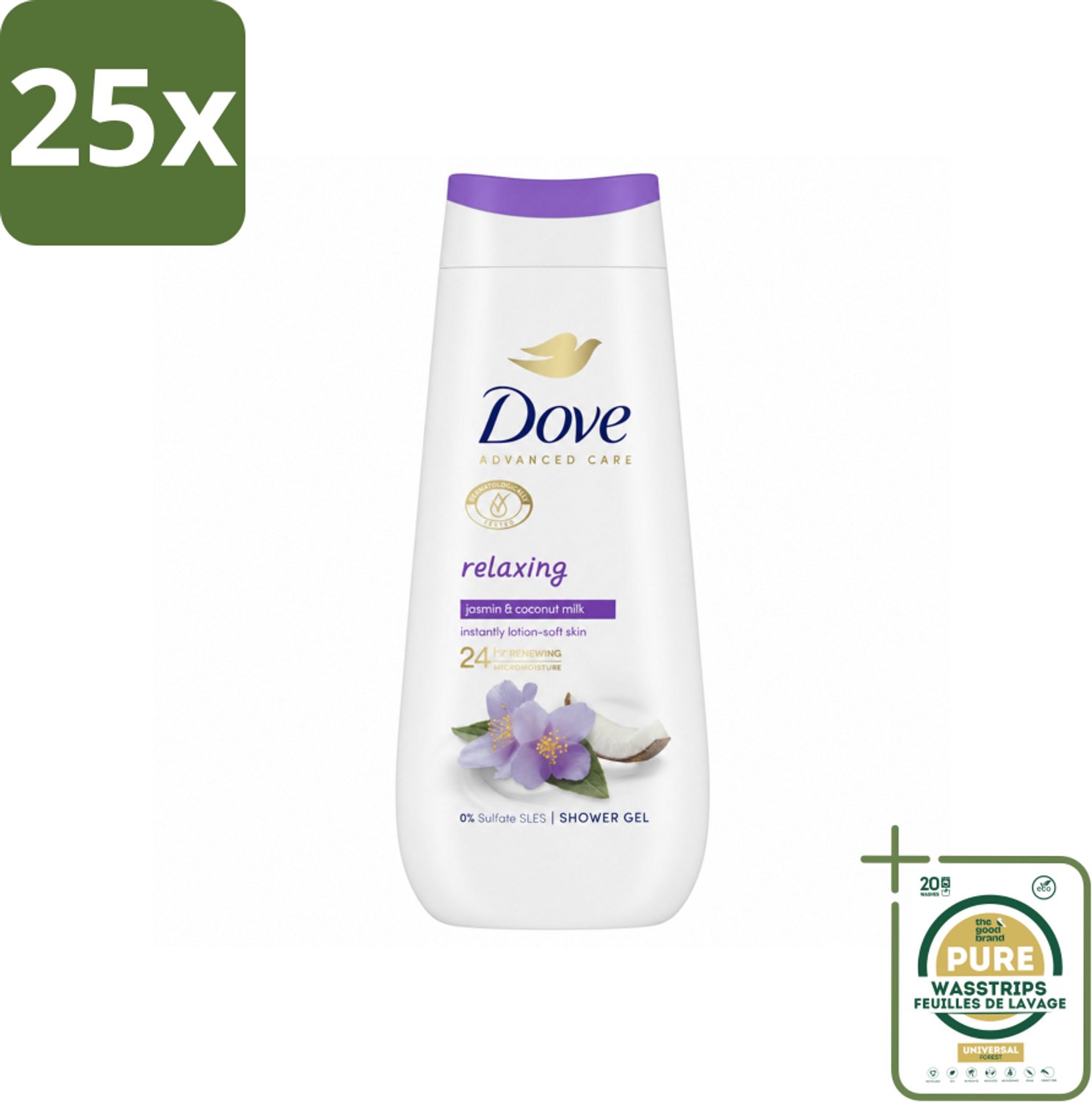 25 x Dove Douchecrème - Relaxing - Kokos & Jasmijn - 225 ml - Wasstrips - Douchegel - Hydraterende Douchegel - Ontspannende Douchegel - Jasmijn Geur - Kokosmelk Geur