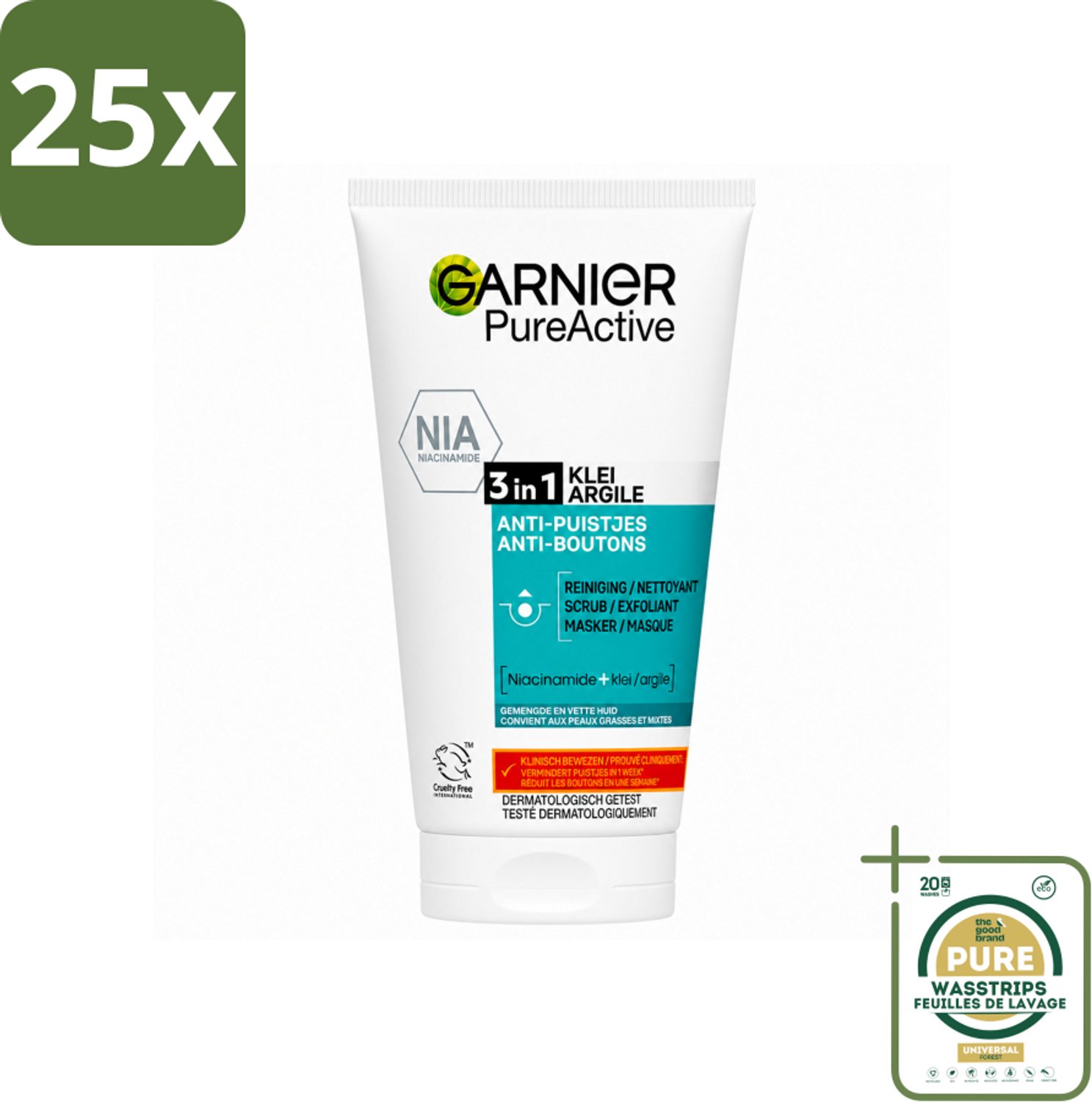25 x Garnier - Pure Active - 3-in-1 Reiniging Scrub Masker - Tegen Puistjes & Onzuiverheden - Klei & Niacinamide - 150 ml - Wasstrips - 3-in-1 Reiniging - Puistjes - Onzuiverheden - Huidverzorging - Matte Huid