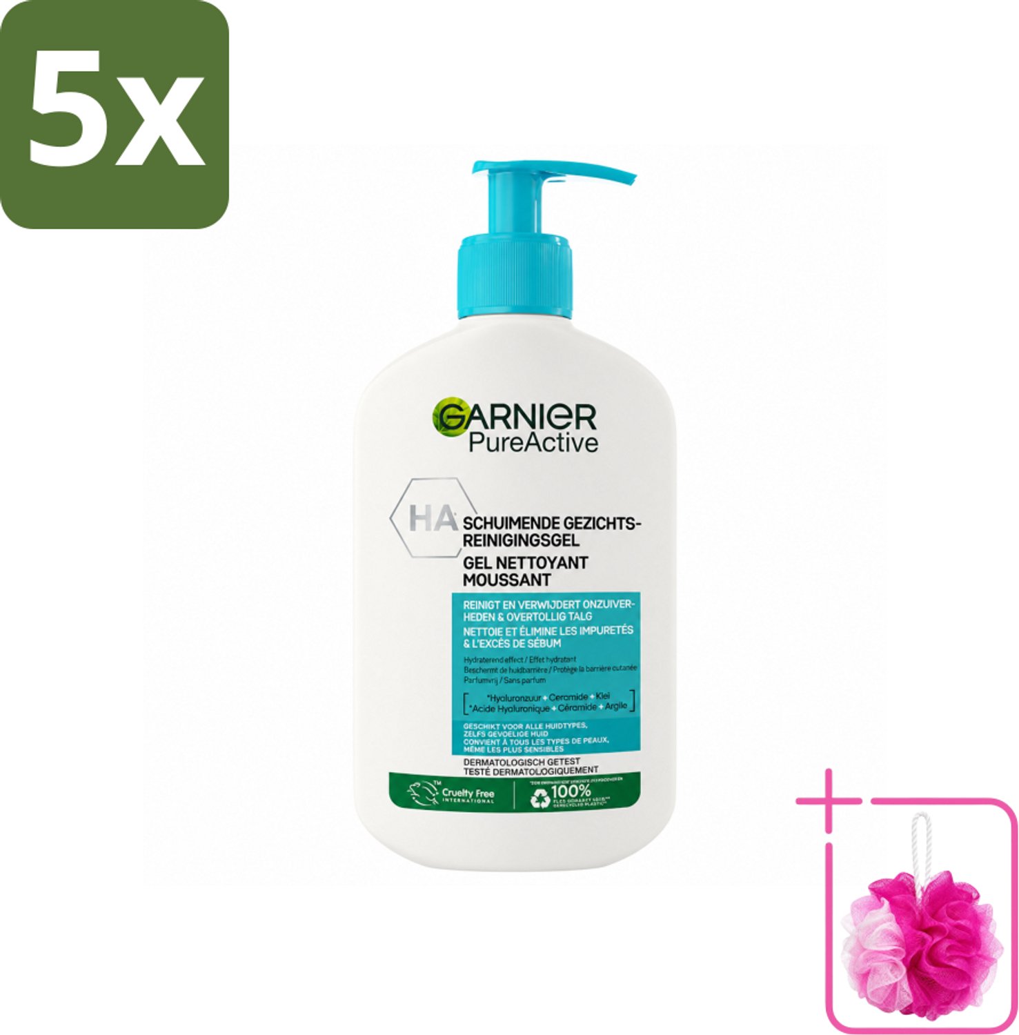 5 x Garnier - Pure Active - Gezichtsreiniger - Hydraterend - 250 ml - Bulkverpakking - Gezichtsreiniger - Douchemop - Hydraat