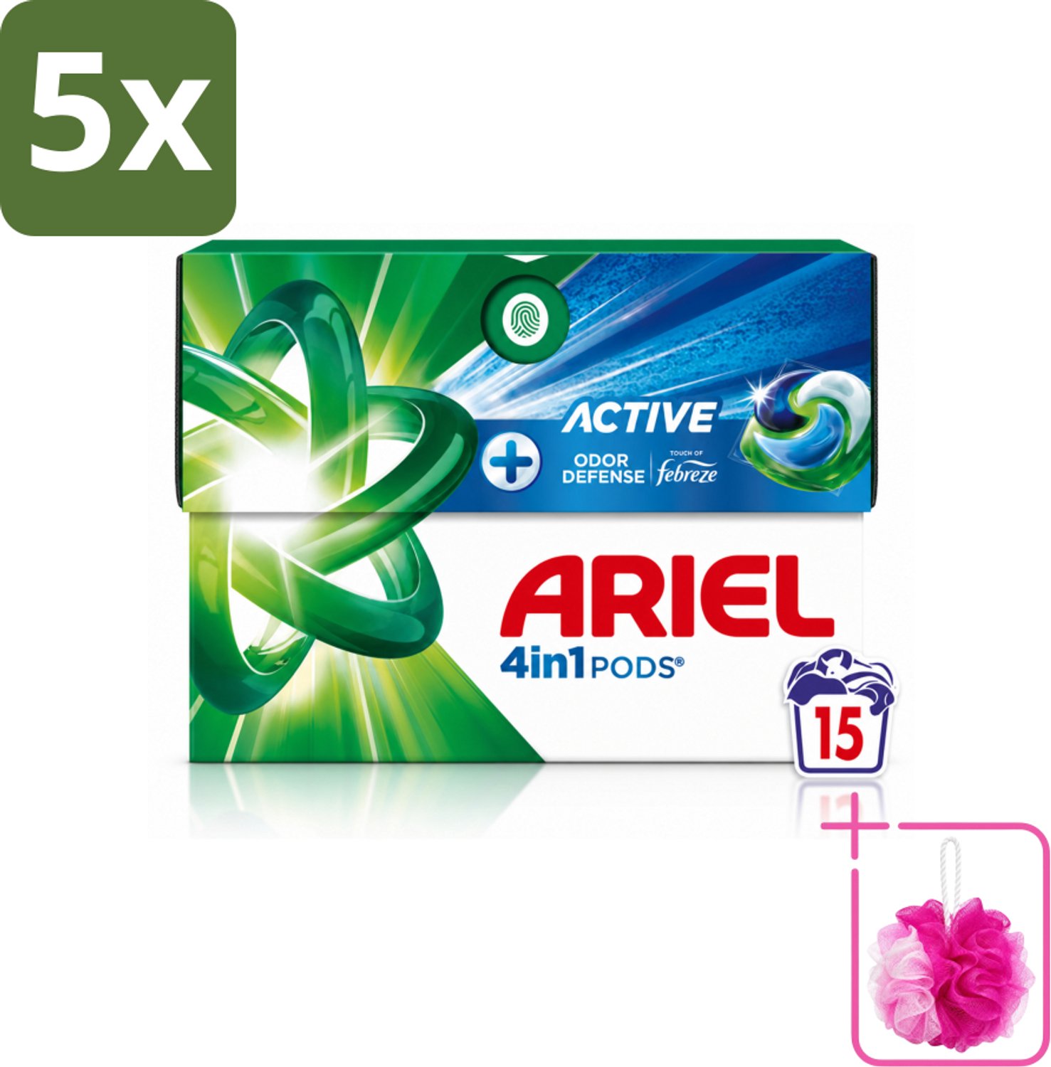 5 x Ariel - 4in1 Wasmiddel Pods - Actieve Geurbestrijding - 15 Pods - Bulkverpakking - Wasmiddel pod - Douchemop - Geurverzorging