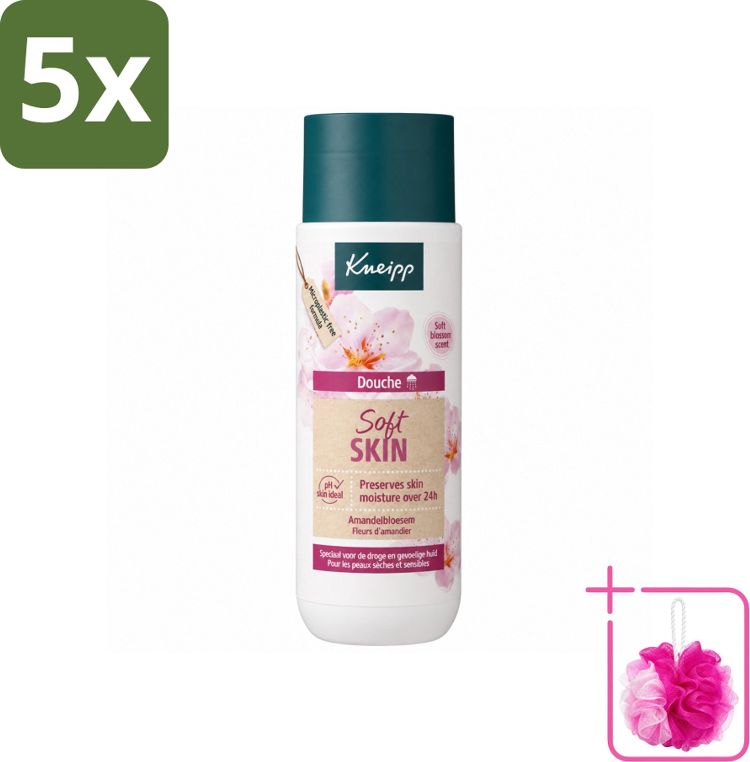 5 x Kneipp - Douchegel - Soft Skin - Amandelbloesem - 200 ml - Bulkverpakking - Droge huid - Douchemop - Gevoelige huid